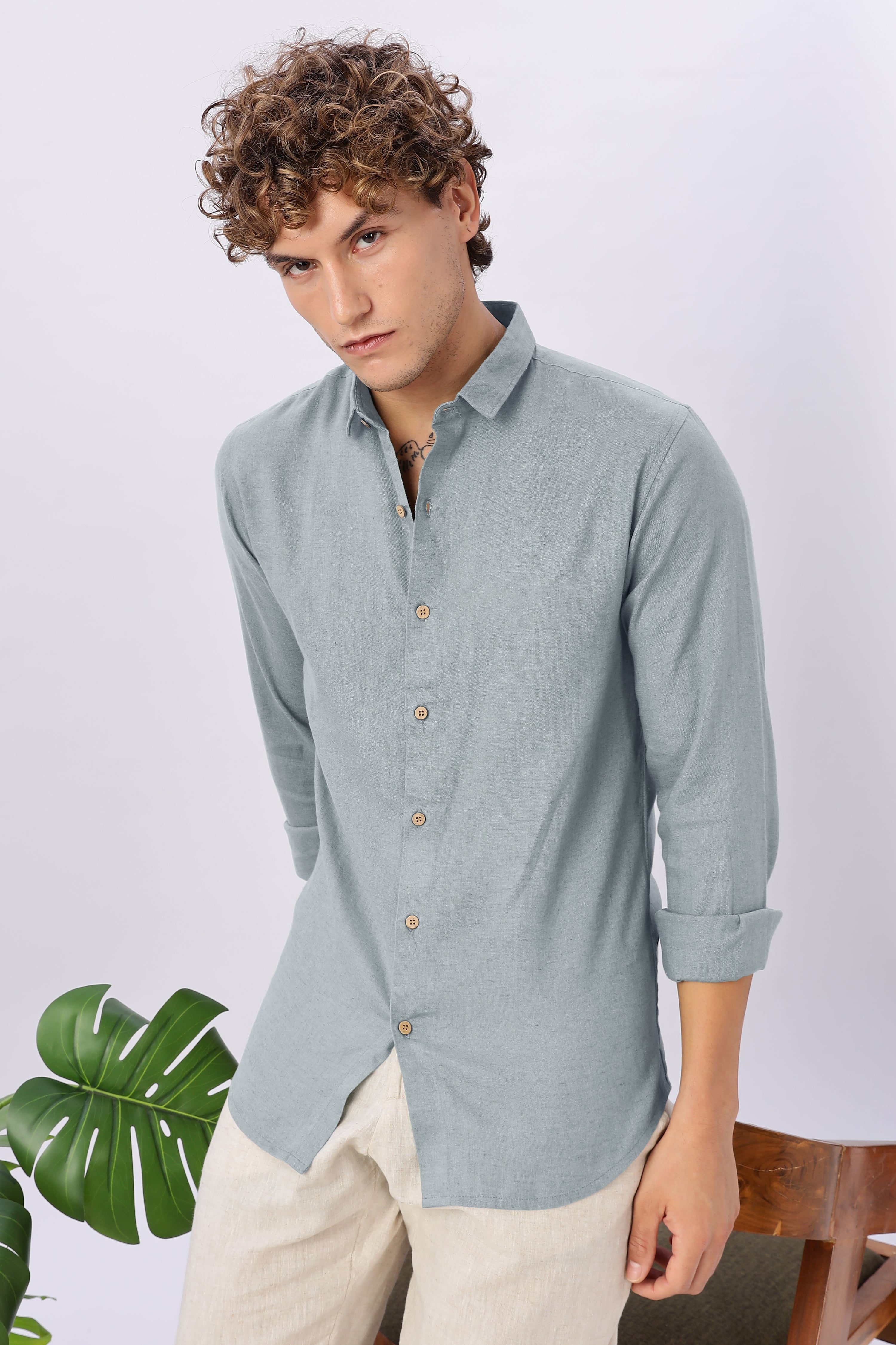 Minimal Sky Linen Blend No Logo Regular Fit Air Force Blue Shirt