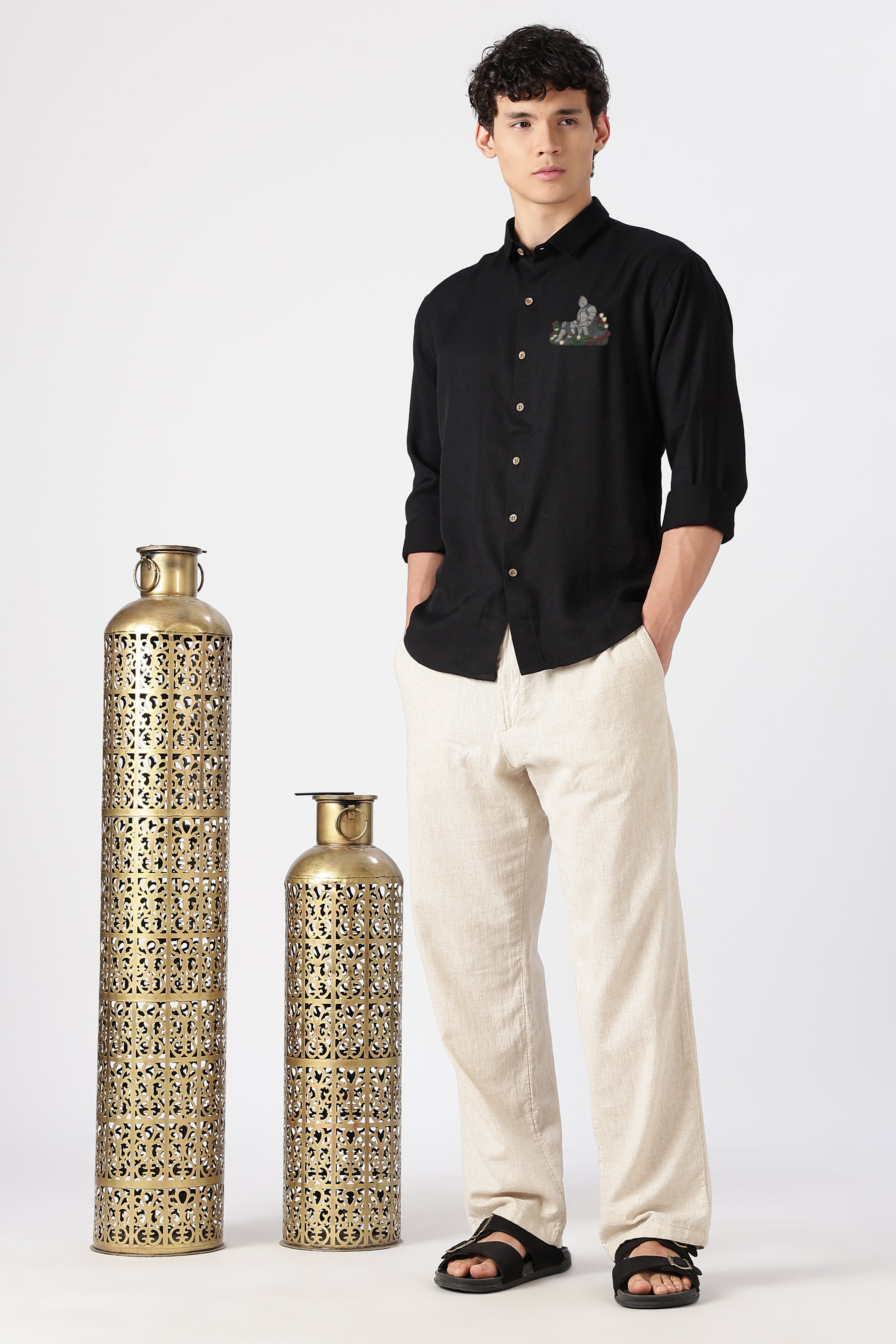 Medieval Knight Cotton Regular Fit Black Embroidered Shirt