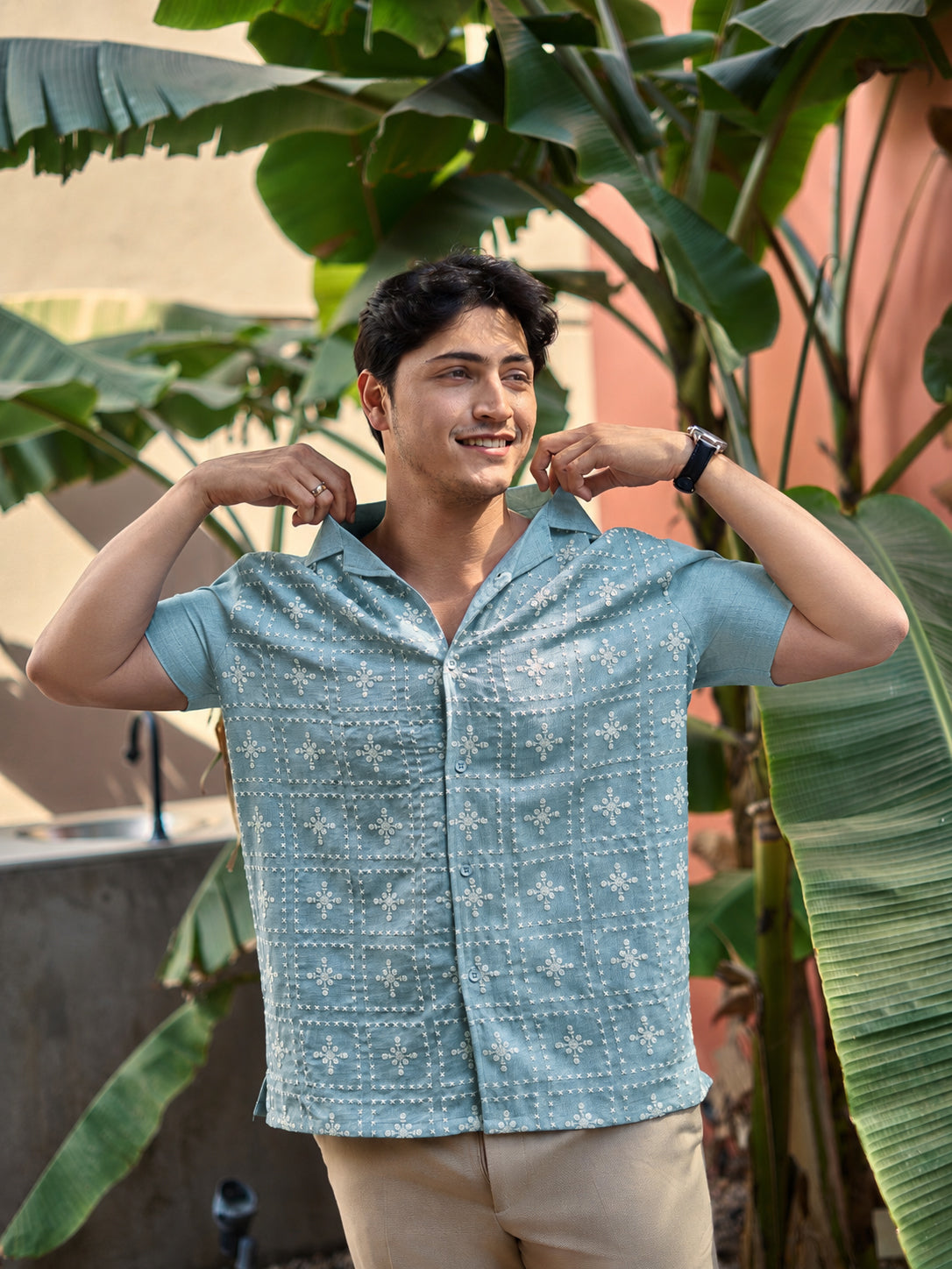 River Blue All Over Cotton Box Fit Blue Half Sleev Embroidered Shirt