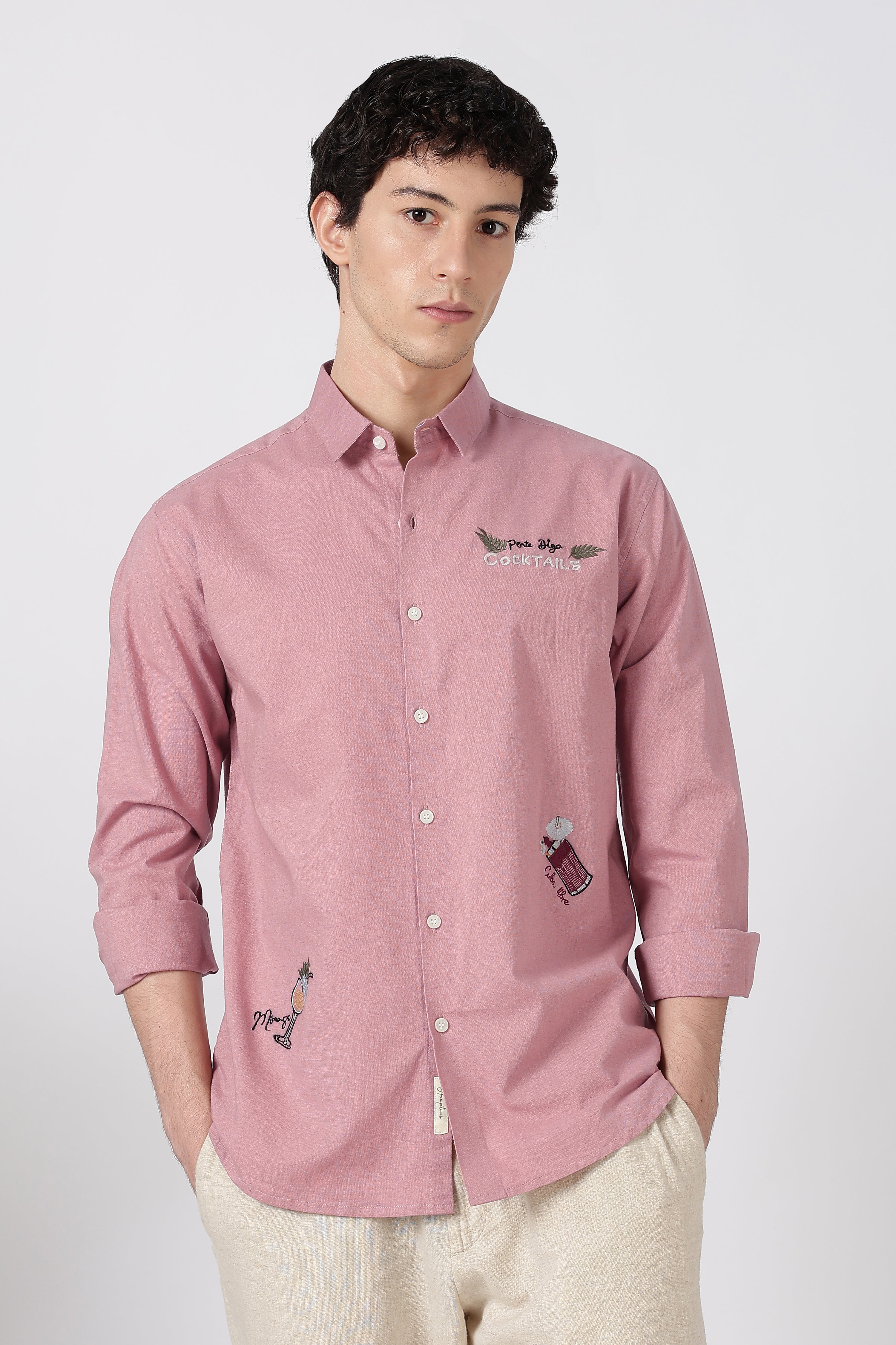 Cocktail-Themed Cotton Regular Fit Dusty Pink Embroidered Shirt