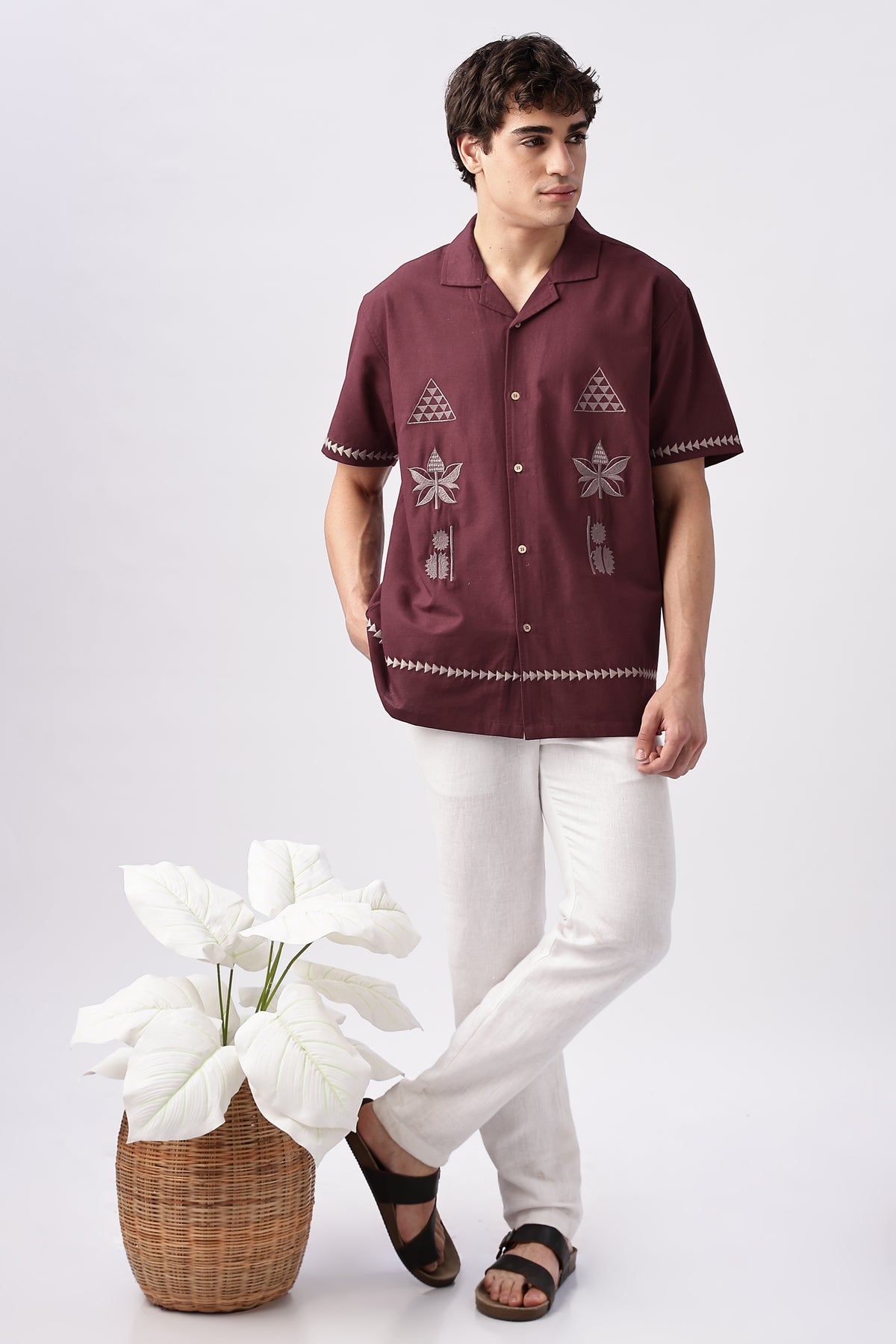 Temple Trail Cotton Box Fit Maroon Embroidered Shirt