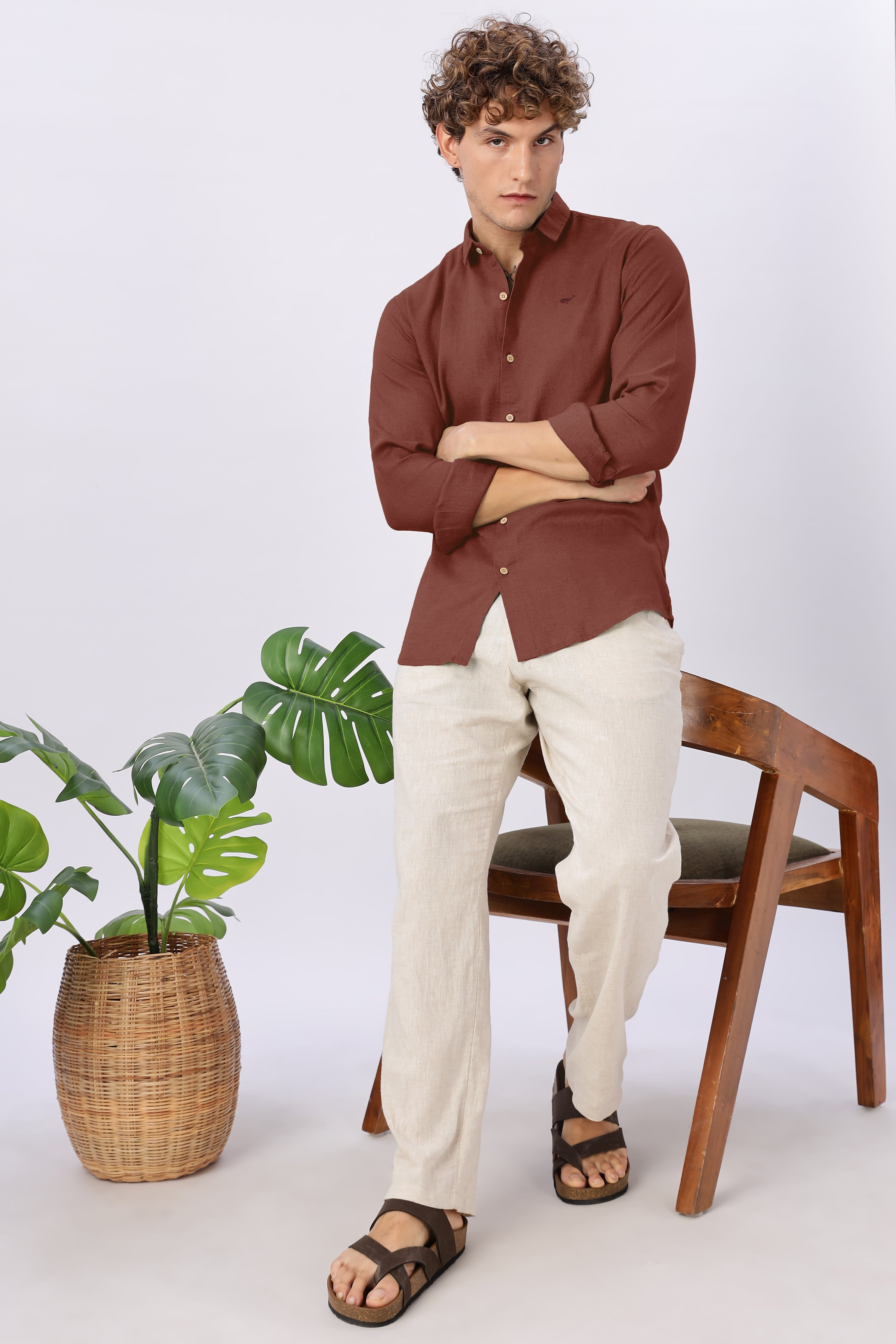 Classic Rust Linen Blend Regular Fit Red Brown Shirt