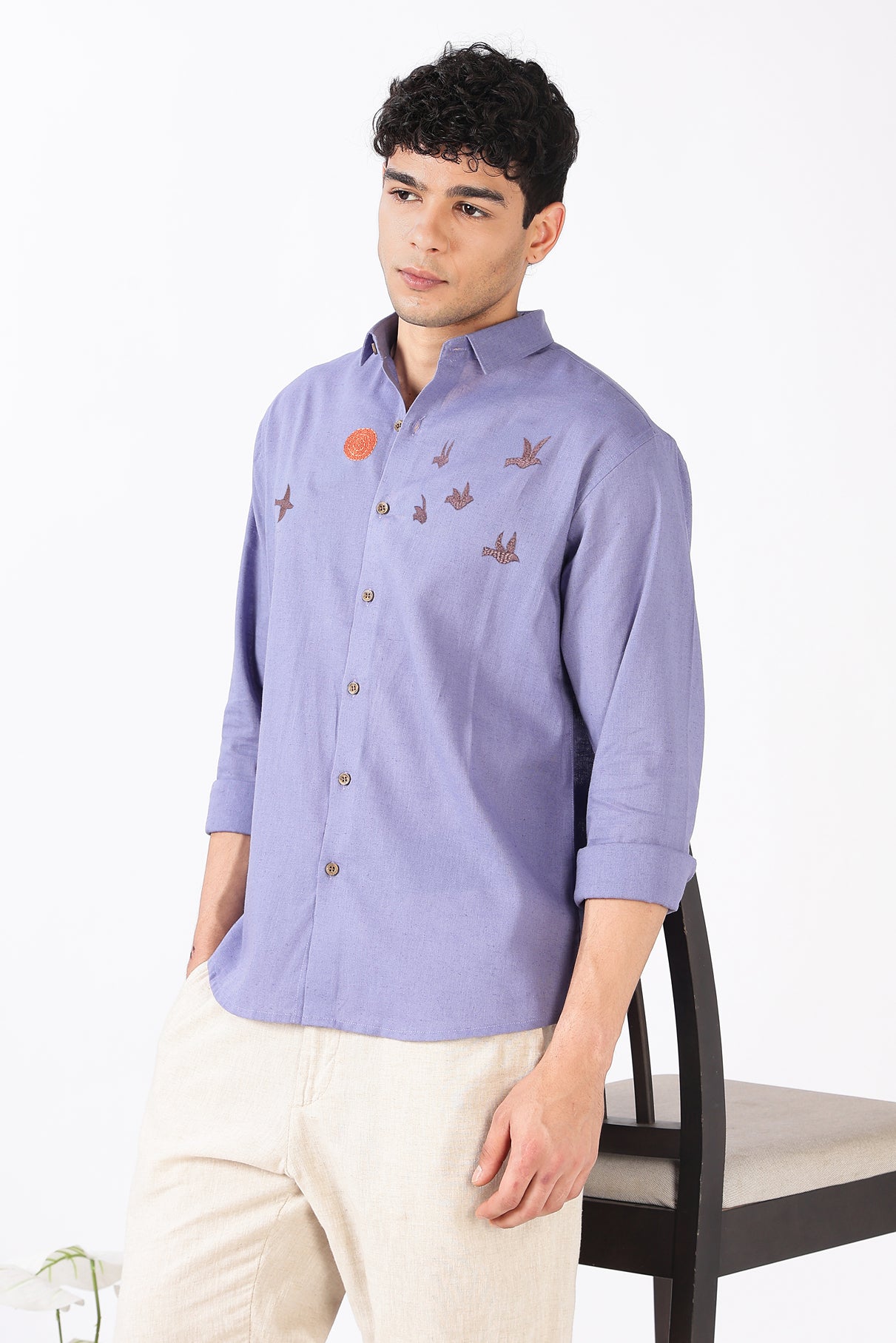 Sunflight Flock Cotton Regular Fit Lavender Embroidered Shirt