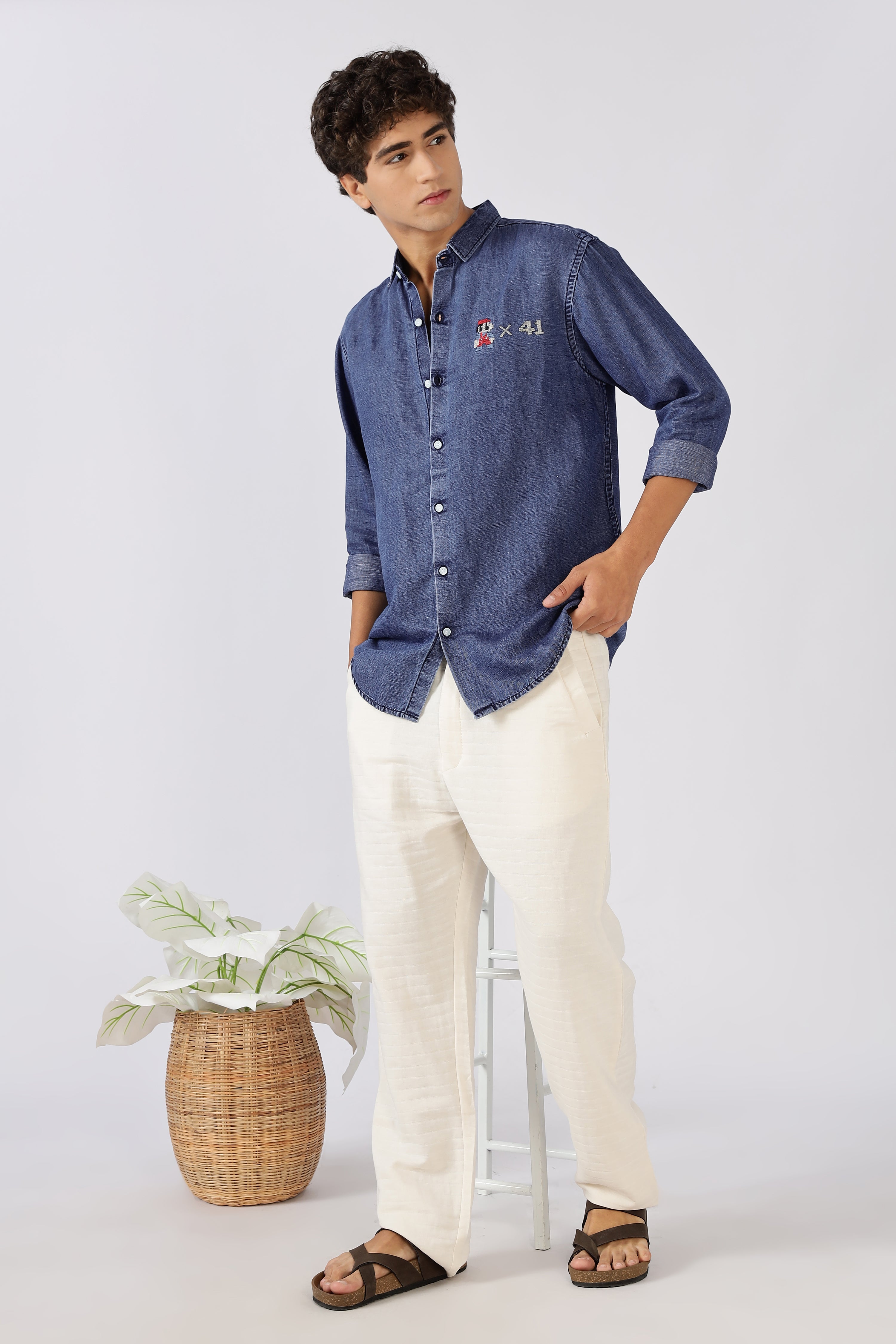 OG Mario Cotton Regular Fit Dark Blue Embroidered Denim Shirt