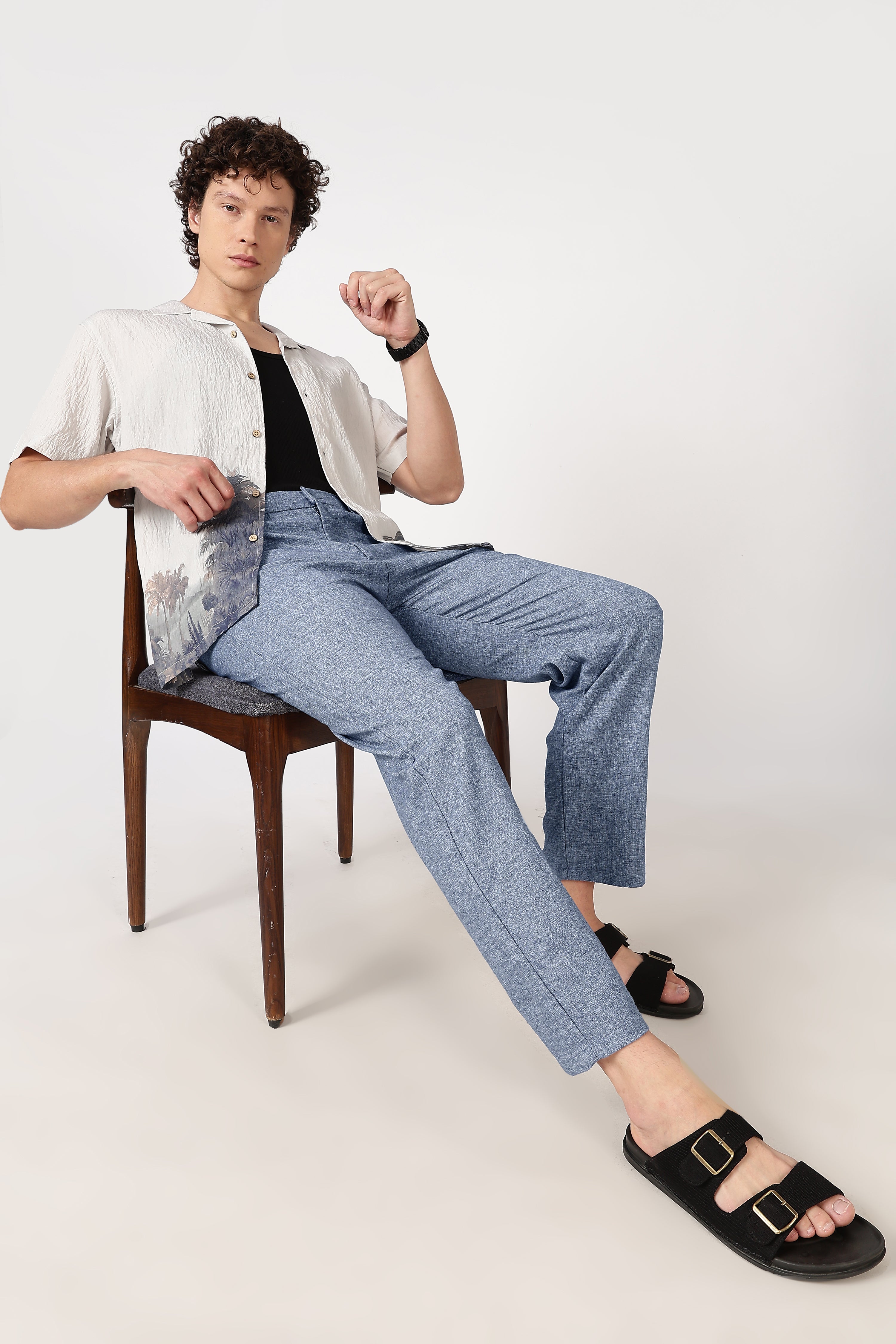 Linen-Style 100% Cotton Straight Fit Heather Grey Textured Pant