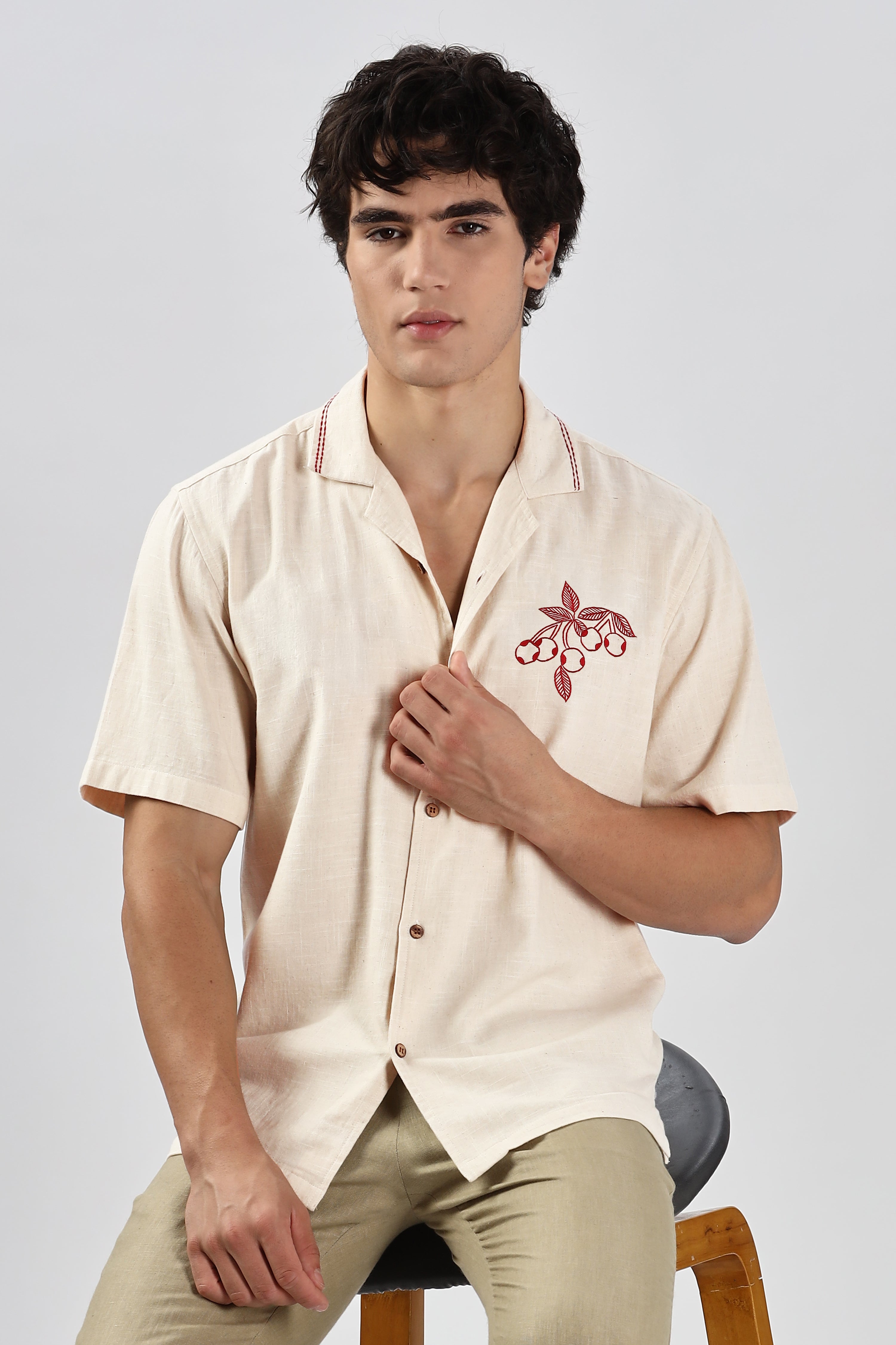 Cherry Cotton Box Fit Caribbean Beige Embroidery Shirt
