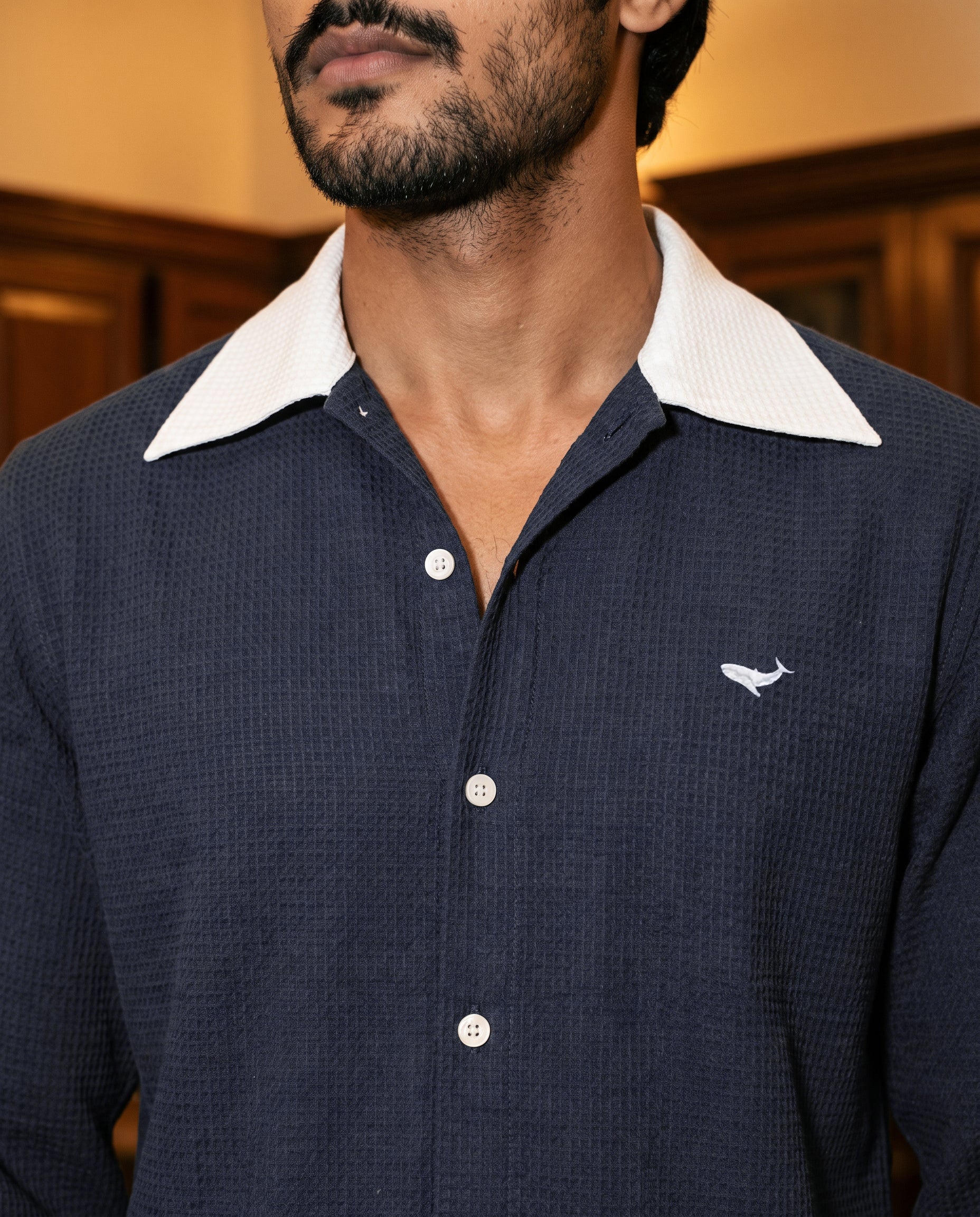 Midnight Blue Waffle Knit- 80s Cooper Collar Shirt