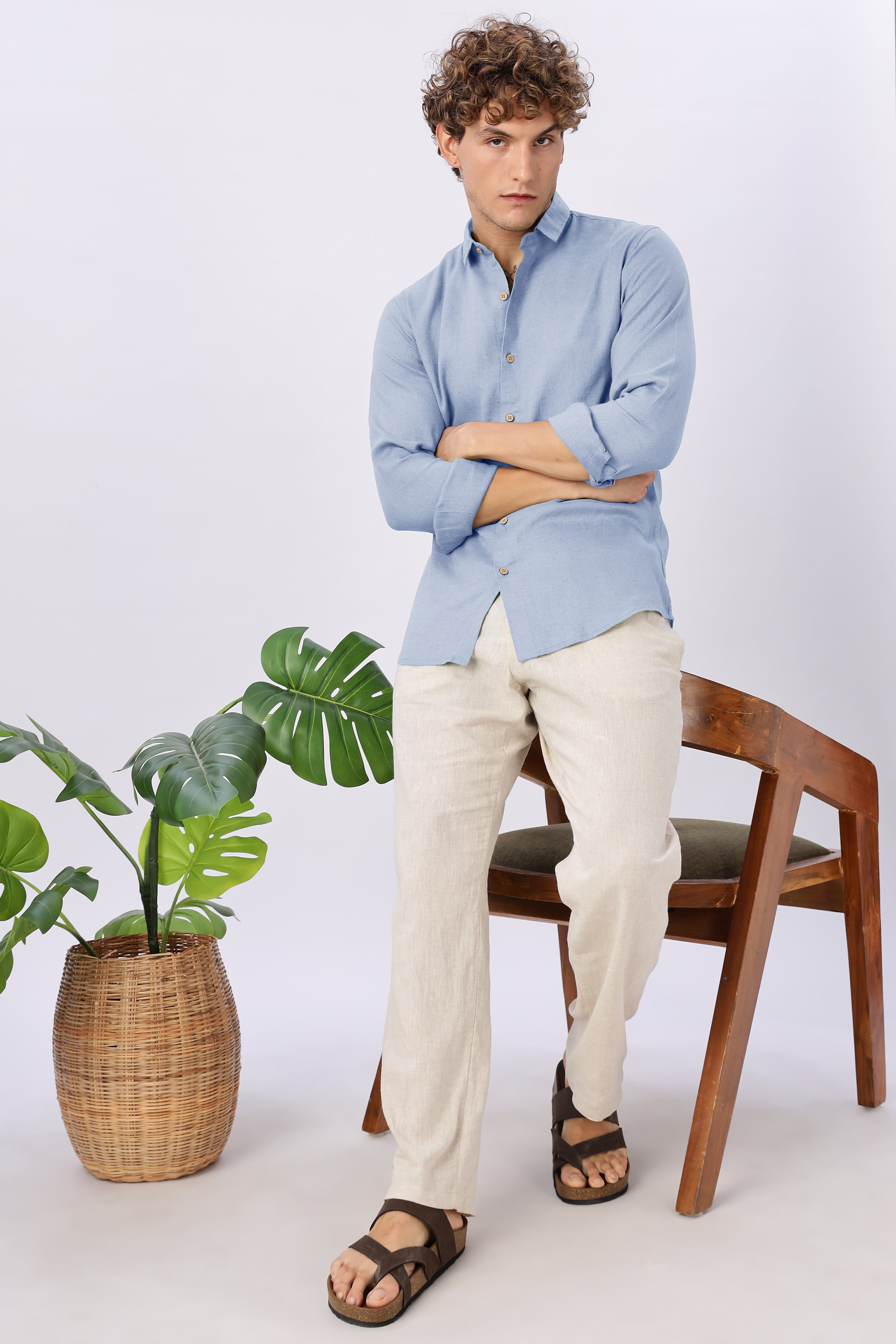 Skyline Calm 30% Linen Regular Fit Blue Shirt