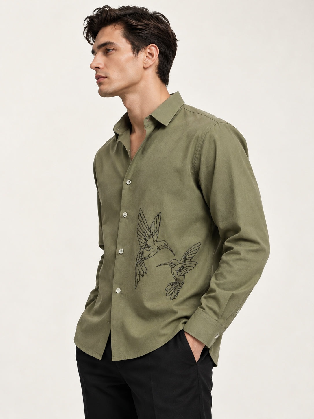 Humming(way) Birds Vienna Cotton Regular Fit Green Embroidery Shirt