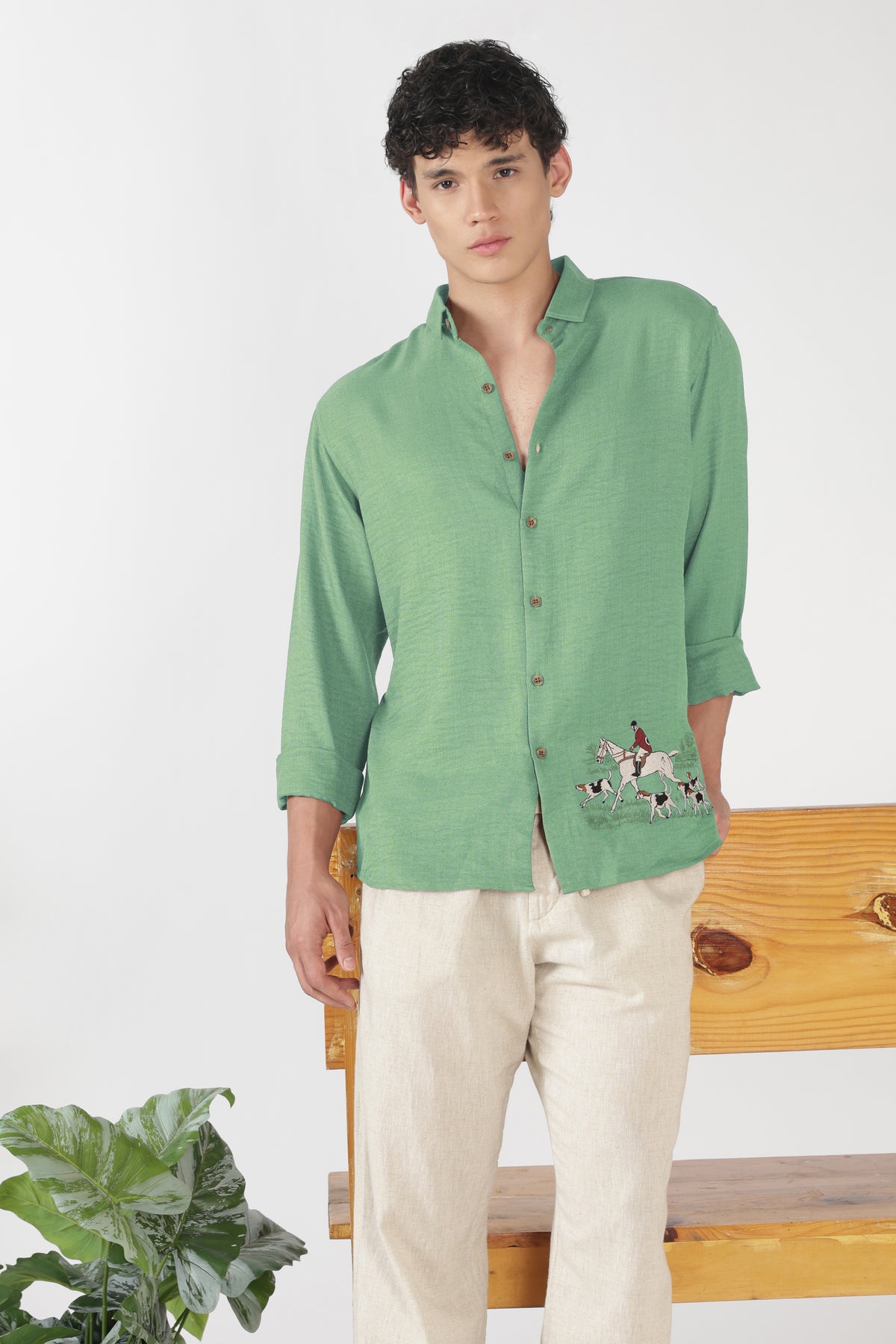 Saddle Equestrian Cotton Regular Fit Green Embroidered Shirt