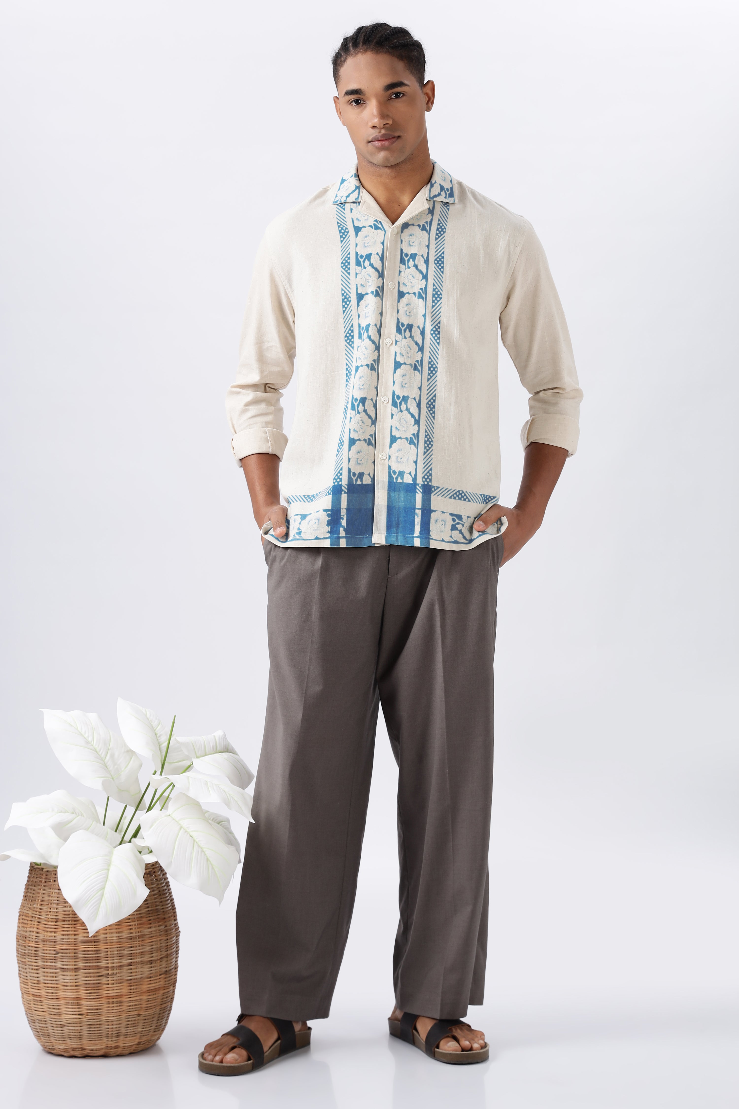Bloom Summer Panel Cotton Box Fit Beige Shirt