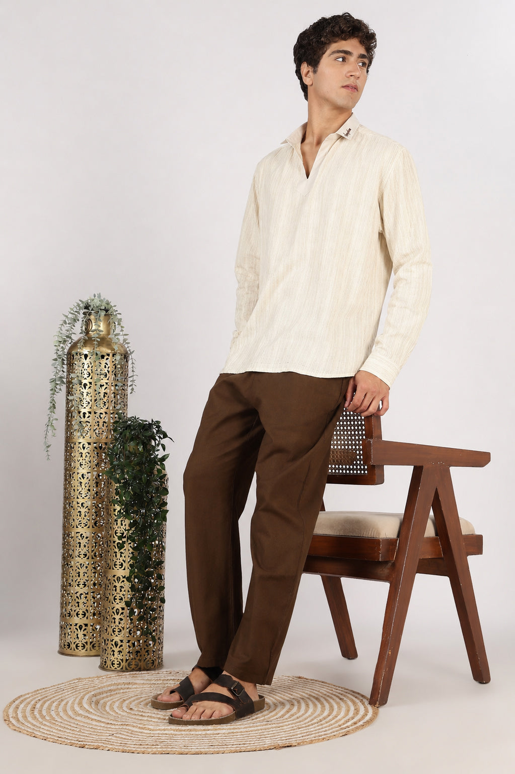 Textured Johnny Collar Cotton Regular Fit Beige Striped  Henley Shirt