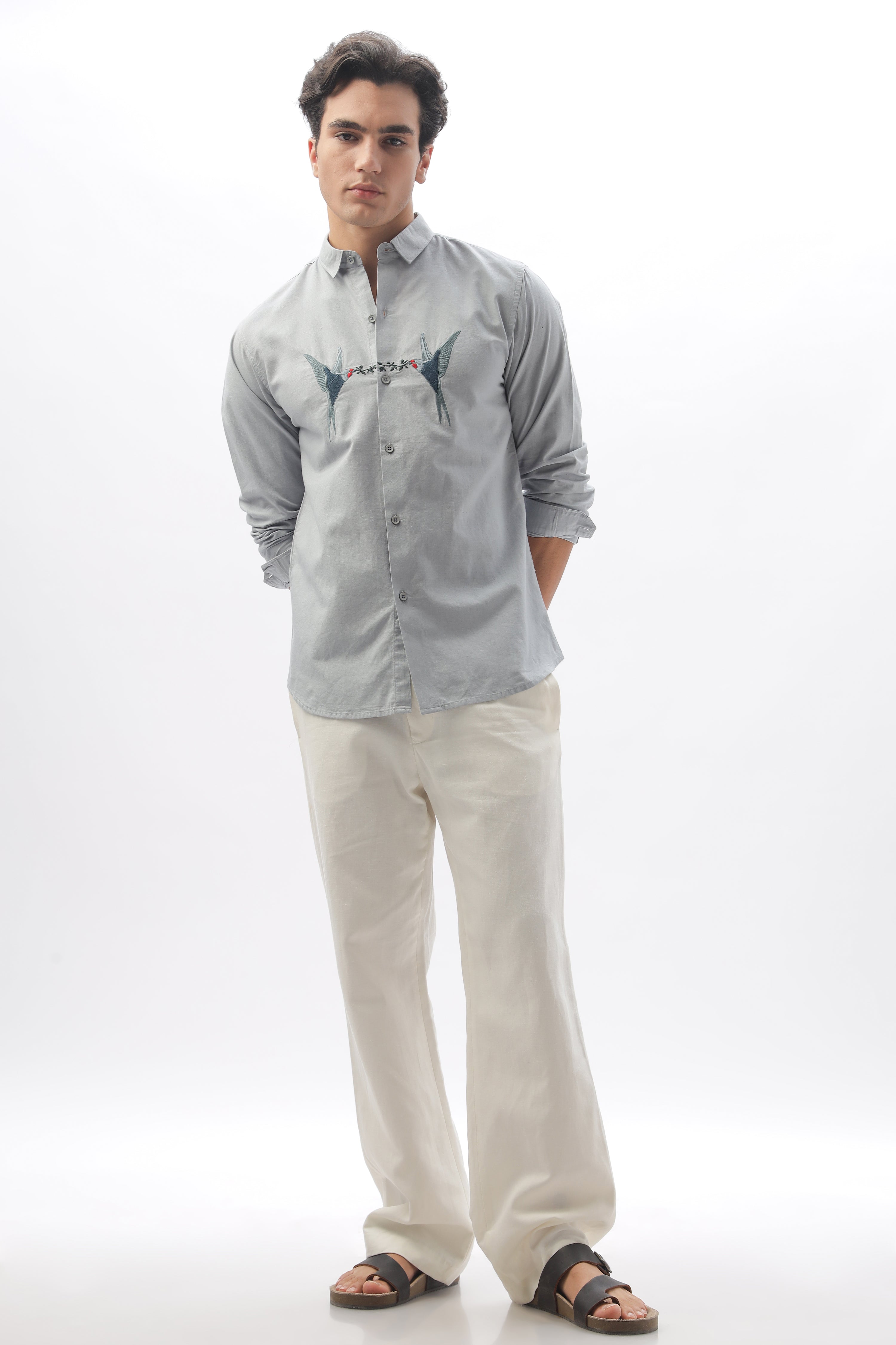 Venice Grey Birds of Heaven Embroidery Linen Shirt