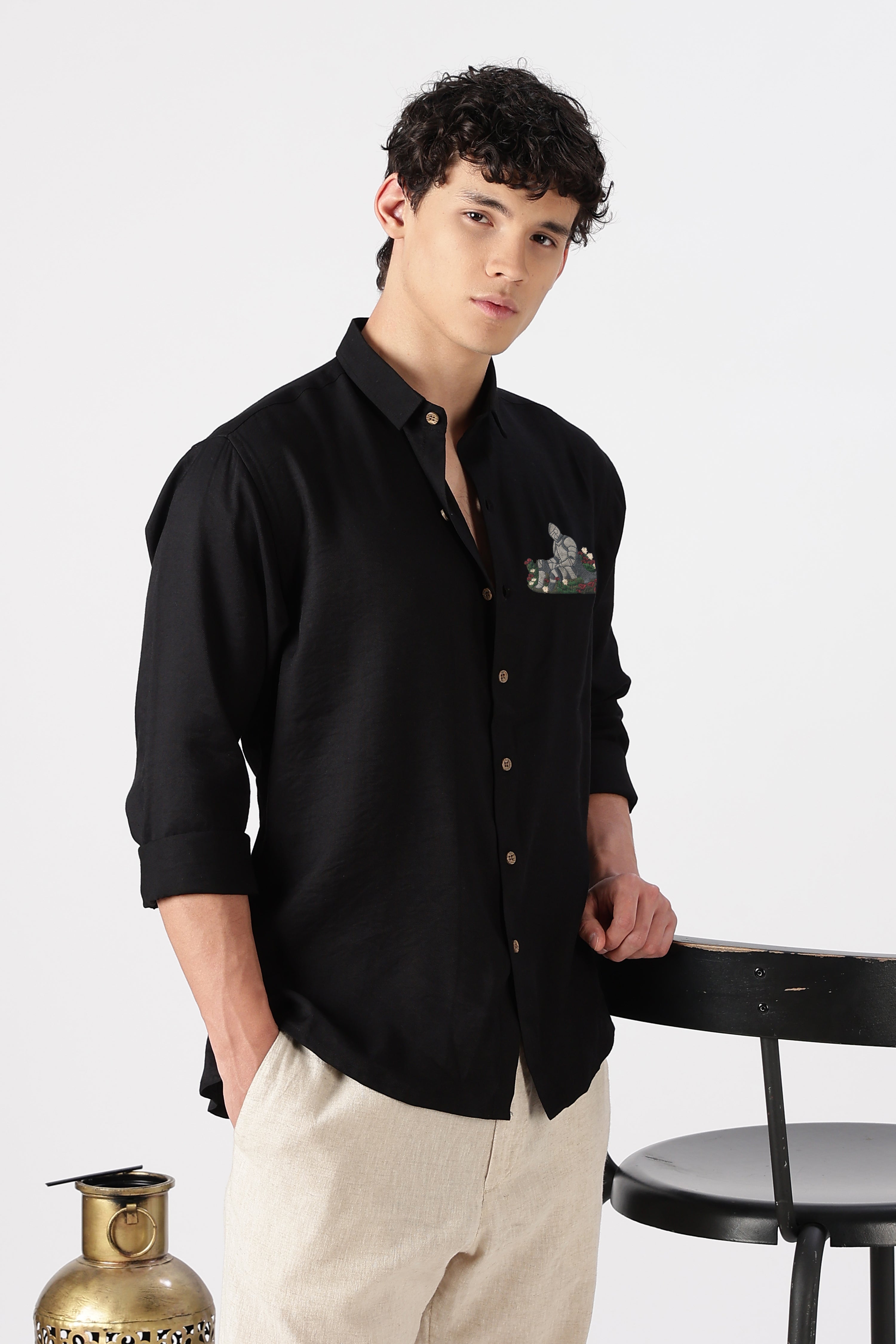 Medieval Knight Cotton Regular Fit Black Embroidered Shirt