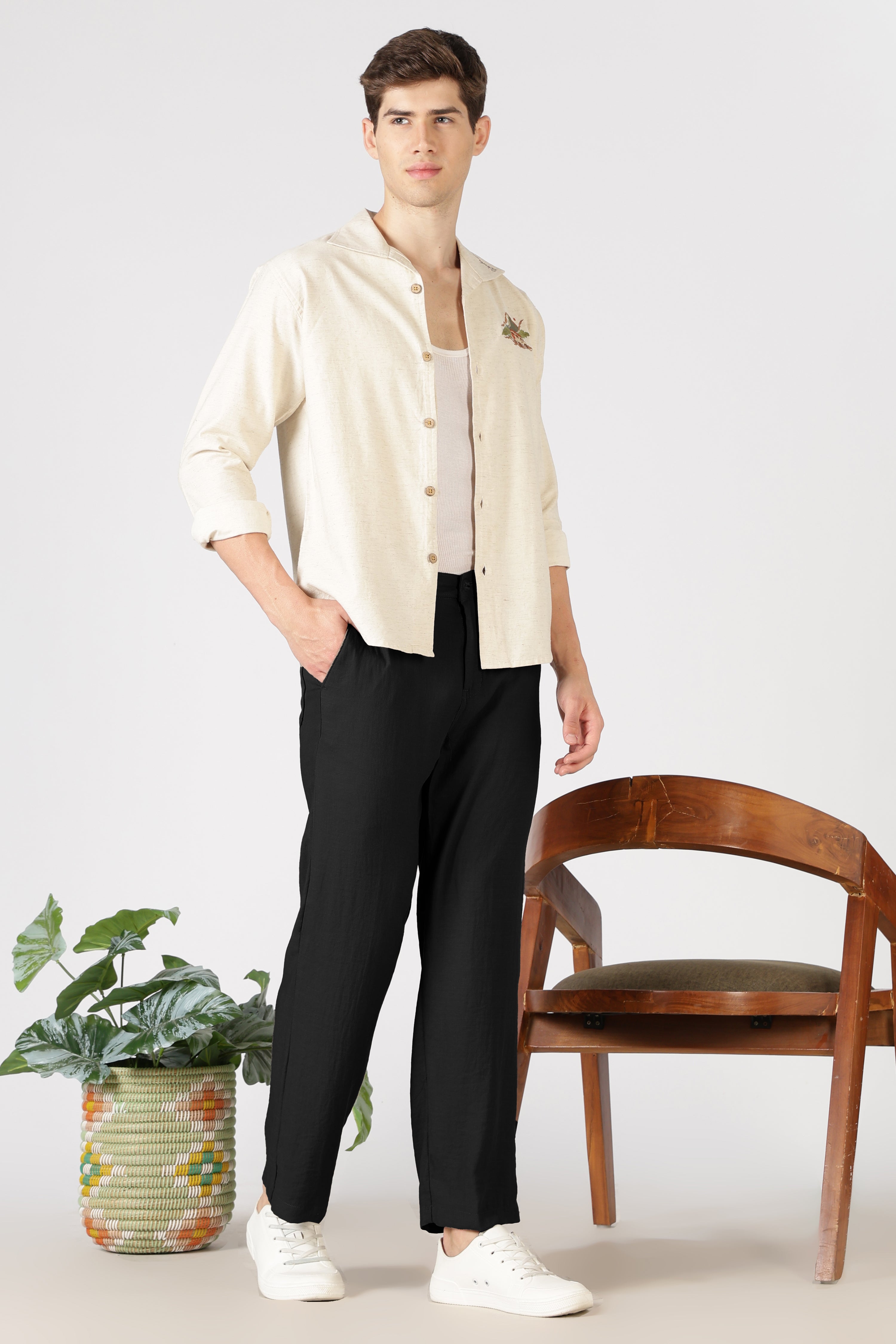 Free Flow Cotton:Linen Parallel Fit Black Pants
