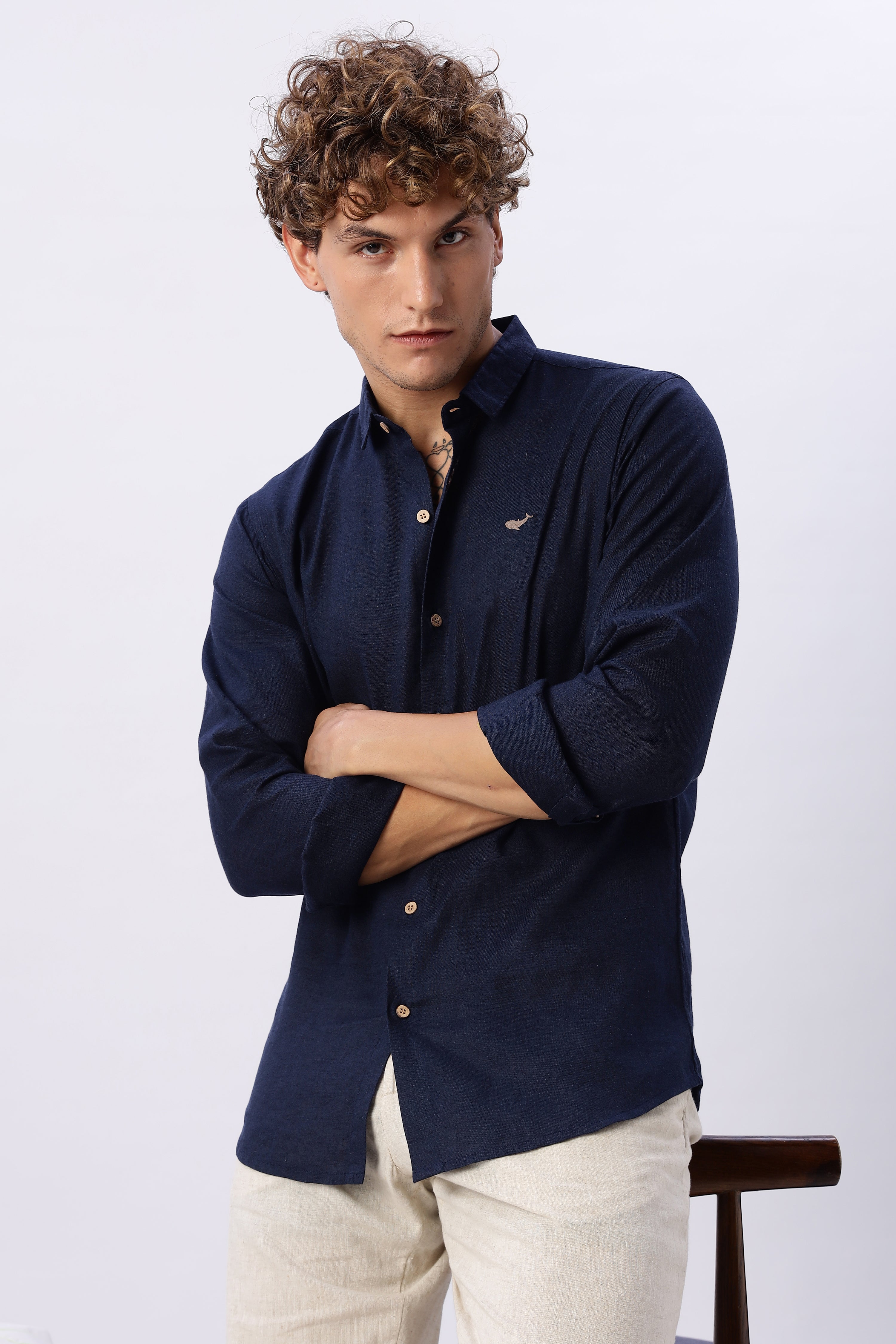 Navy blue 100% Linen 44 Lea Shirt