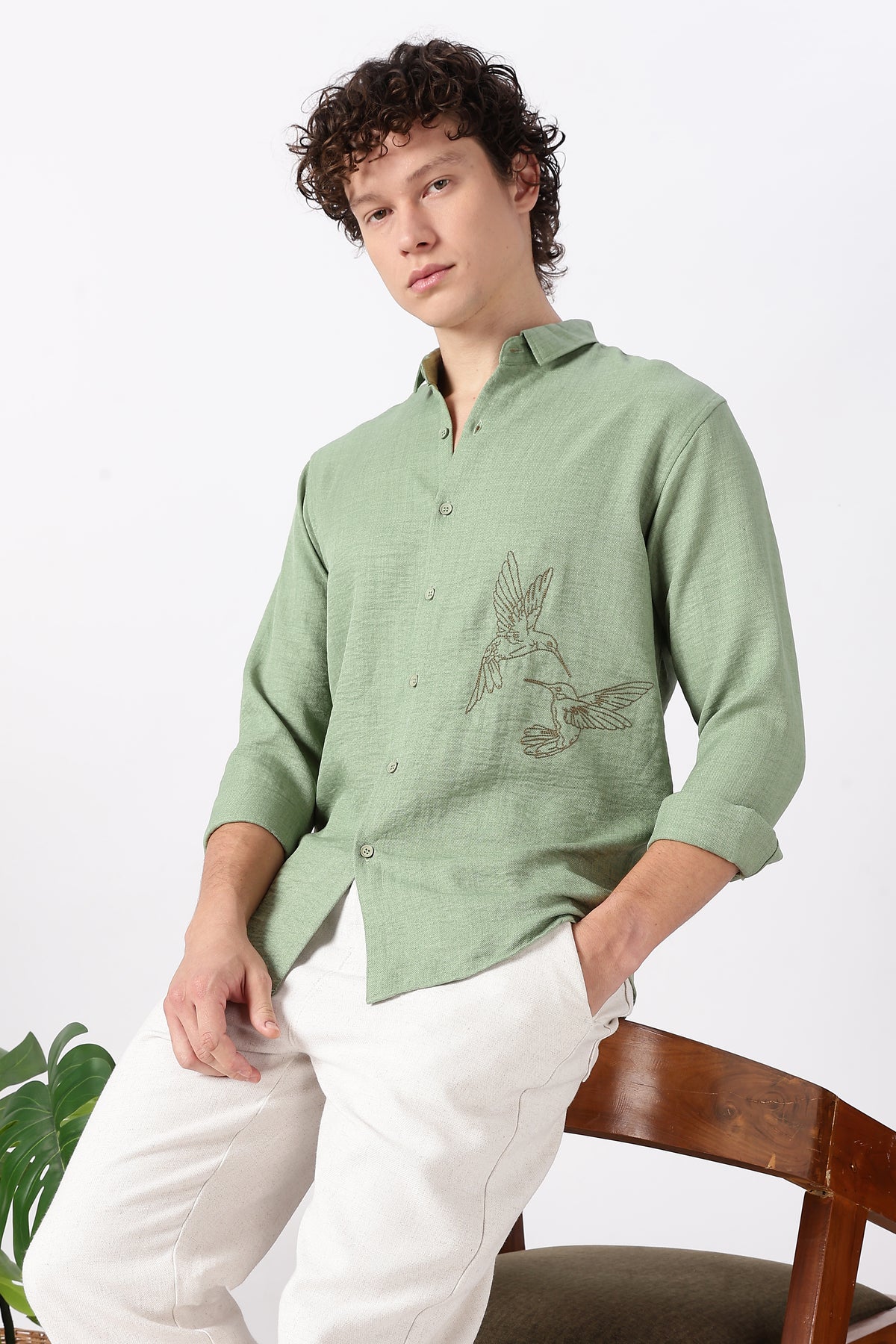 Humming(way) Birds Vienna Cotton Regular Fit Green Embroidery Shirt