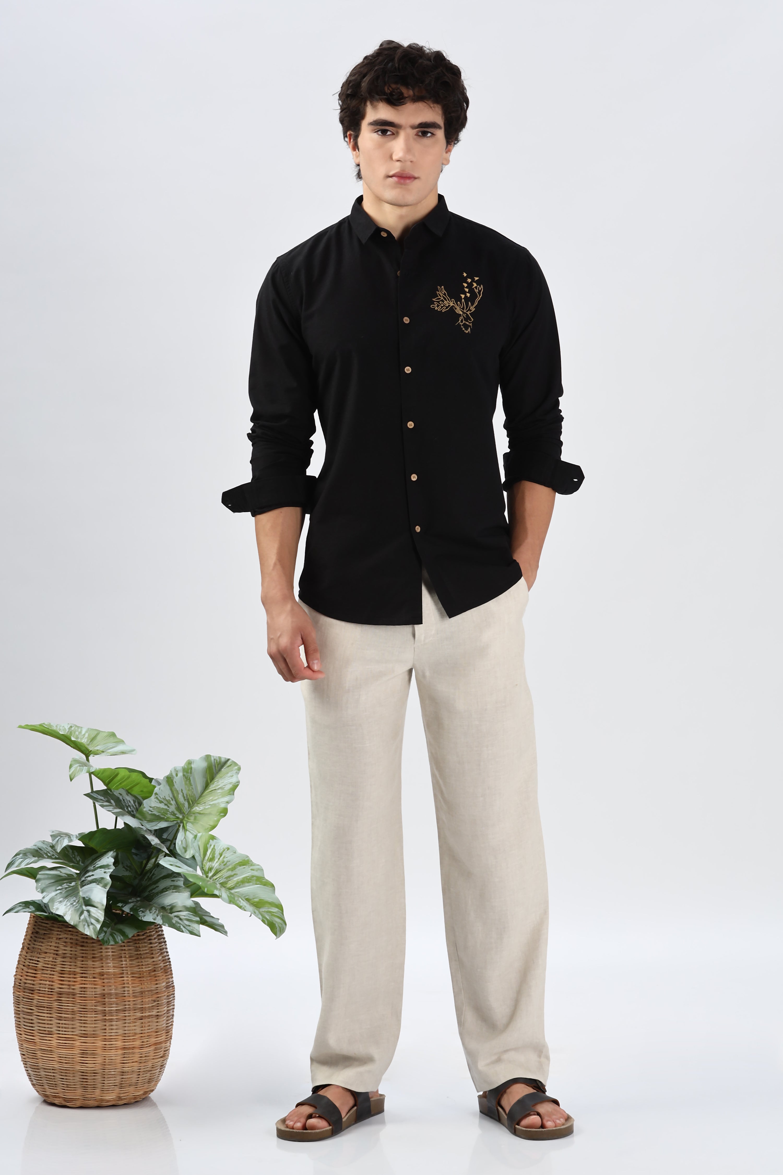 Artic Reindeer Black Embroidery Shirt