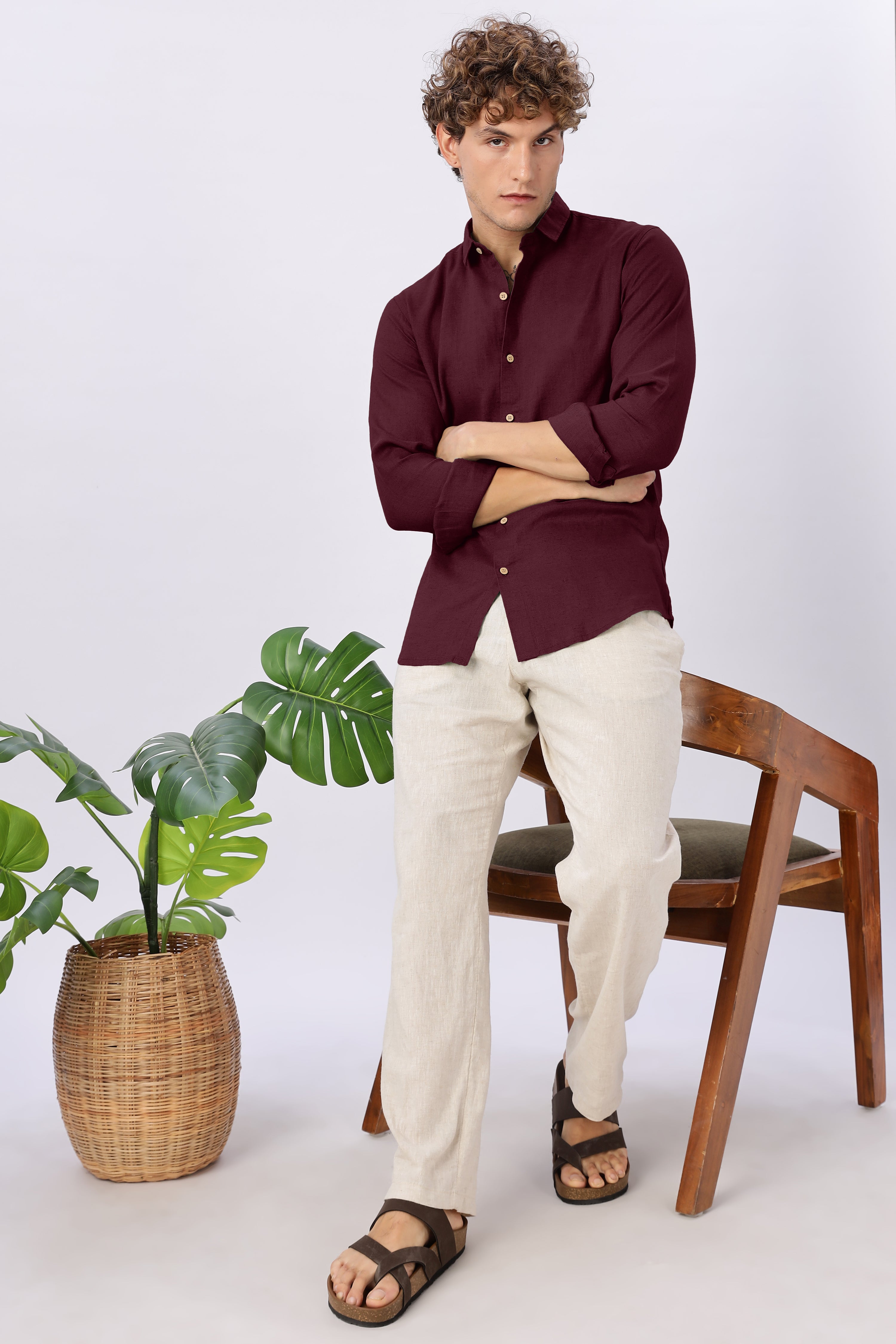 Classic Burgundy Linen Blend No Logo Regular Fit Maroon Shirt