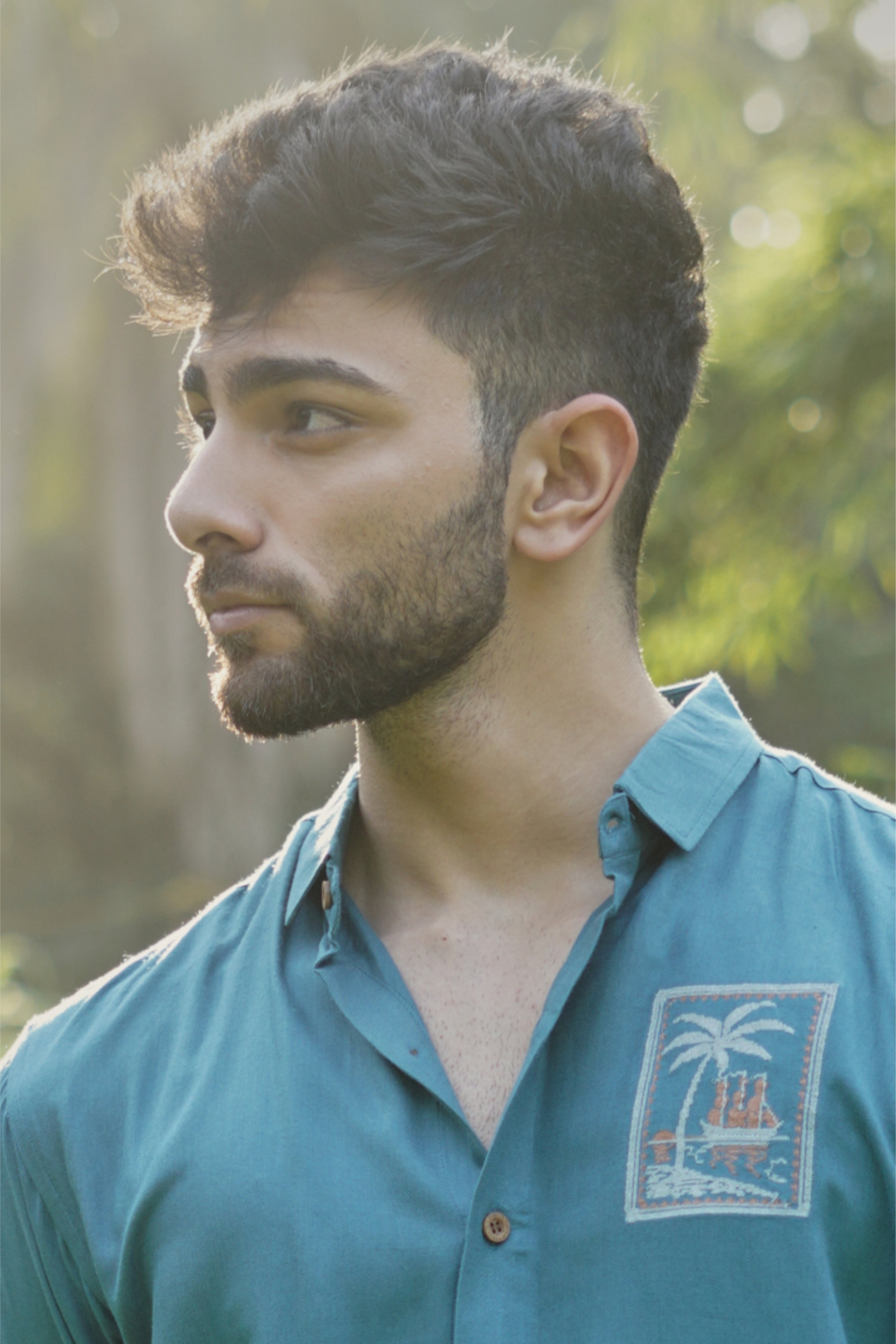 Teal Coastal Emblem Embroidered Cotton Shirt