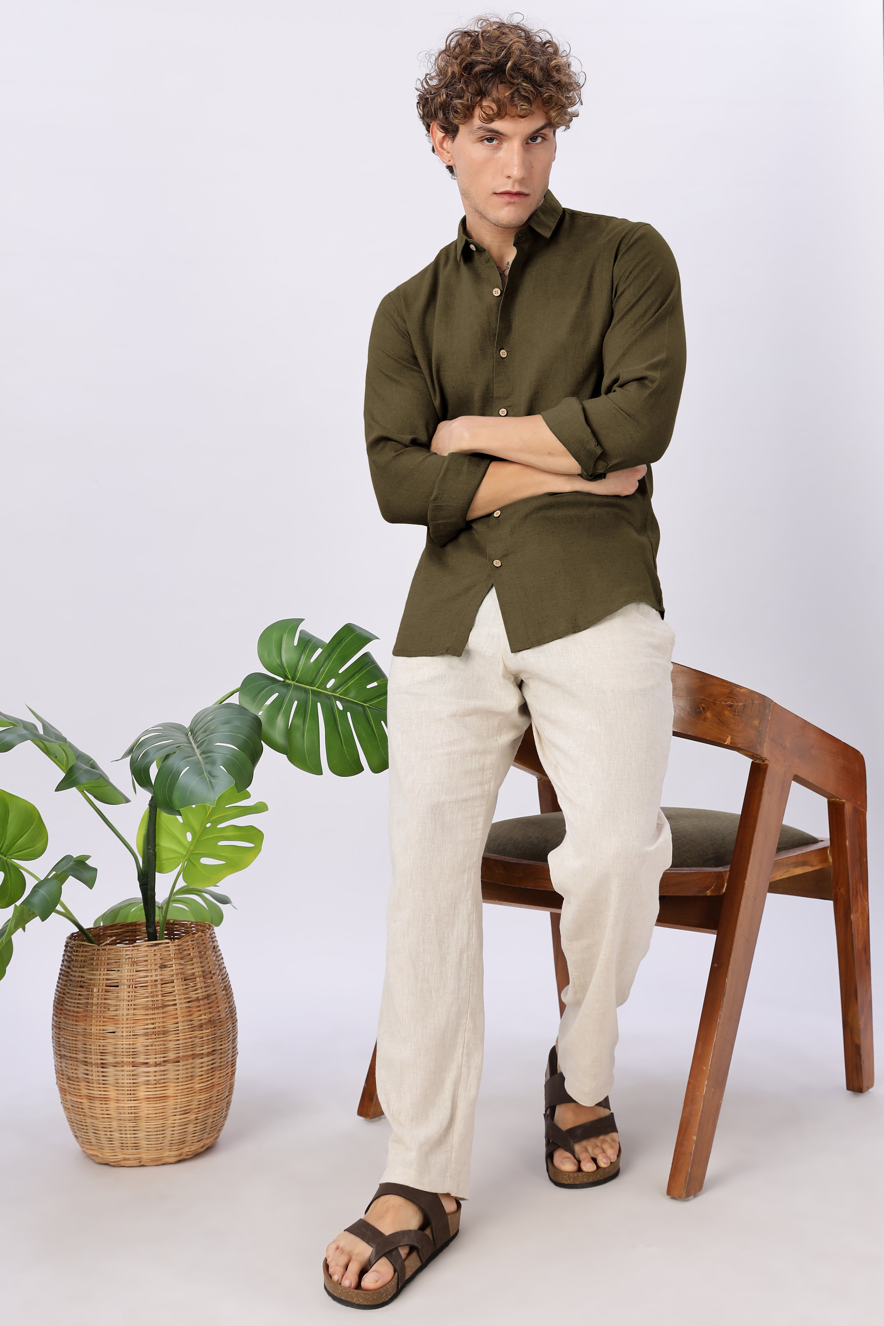 Olive Grove Linen Blend No Logo Regular Fit Green Shirt