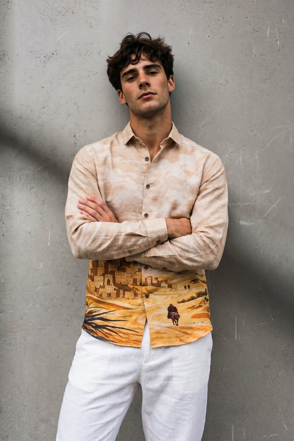Desert Mirage Cotton Regular Fit Beige Printed Shirt