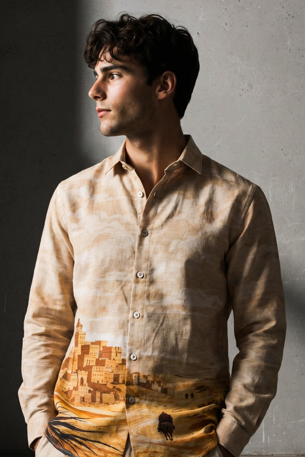 Desert Mirage Cotton Regular Fit Beige Printed Shirt