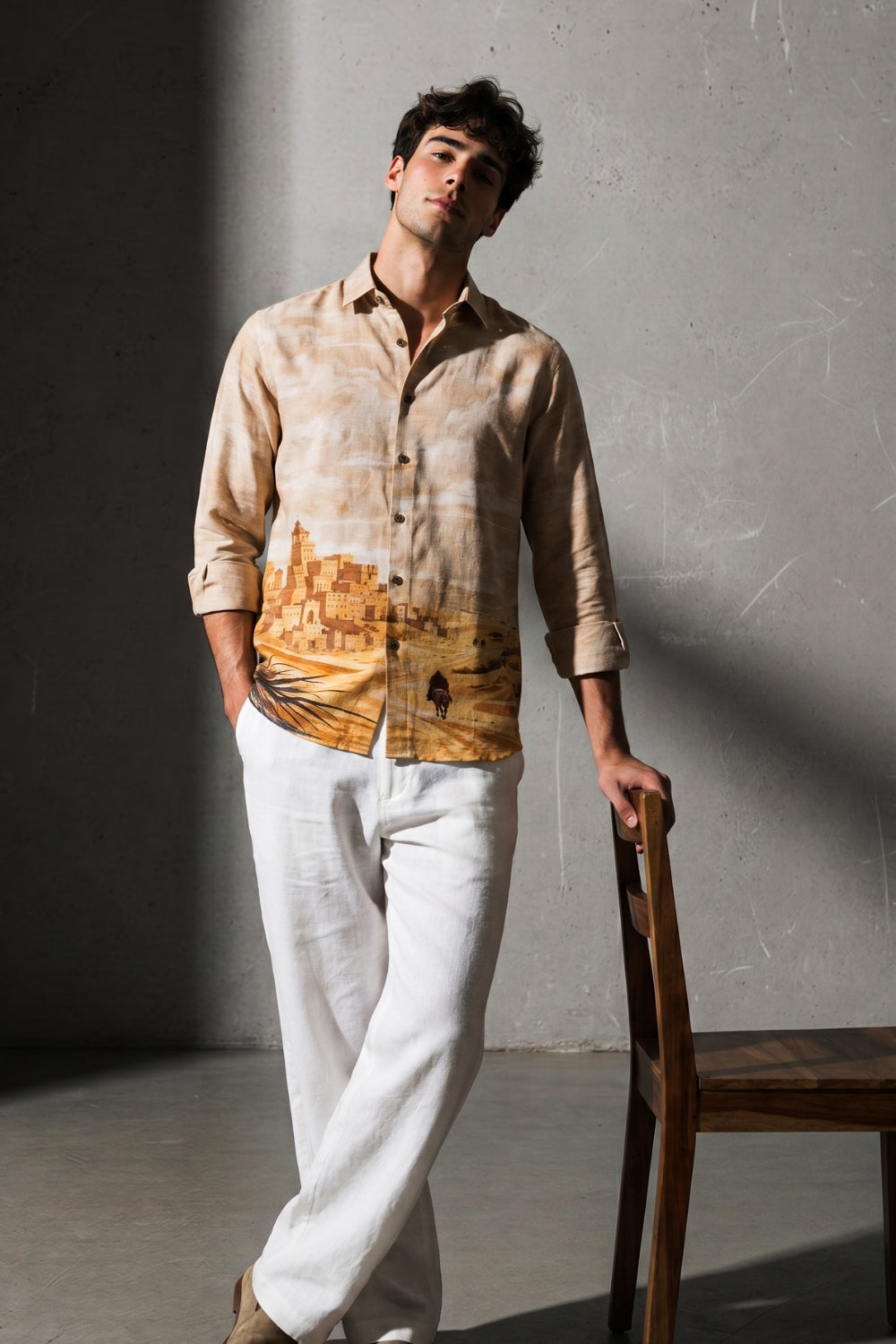 Desert Mirage Cotton Regular Fit Beige Printed Shirt