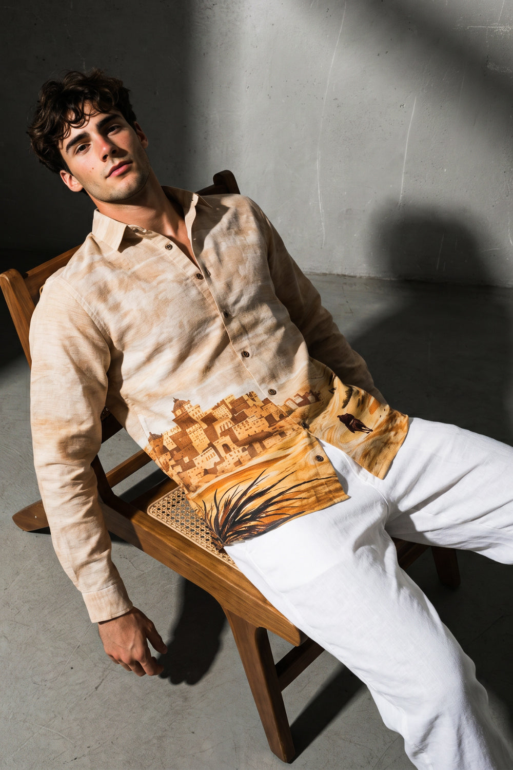 Desert Mirage Cotton Regular Fit Beige Printed Shirt