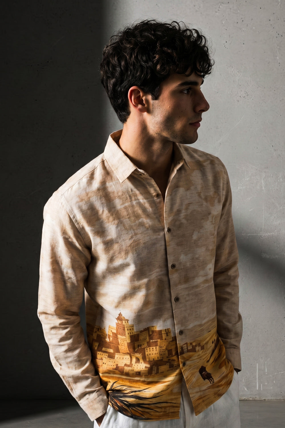 Desert Mirage Cotton Regular Fit Beige Printed Shirt