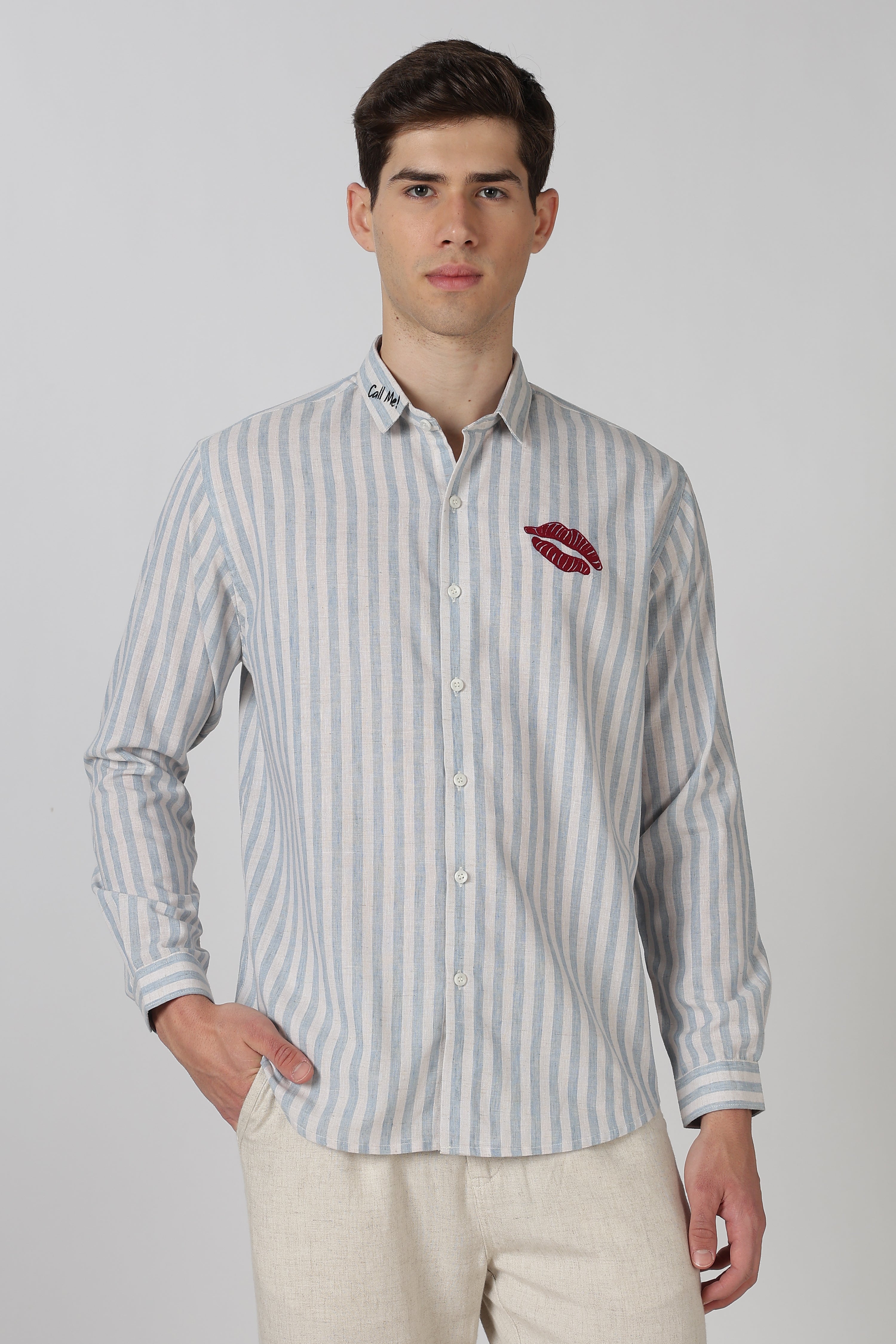 First Kiss Cotton Regular Fit Blue Embroidered Shirt