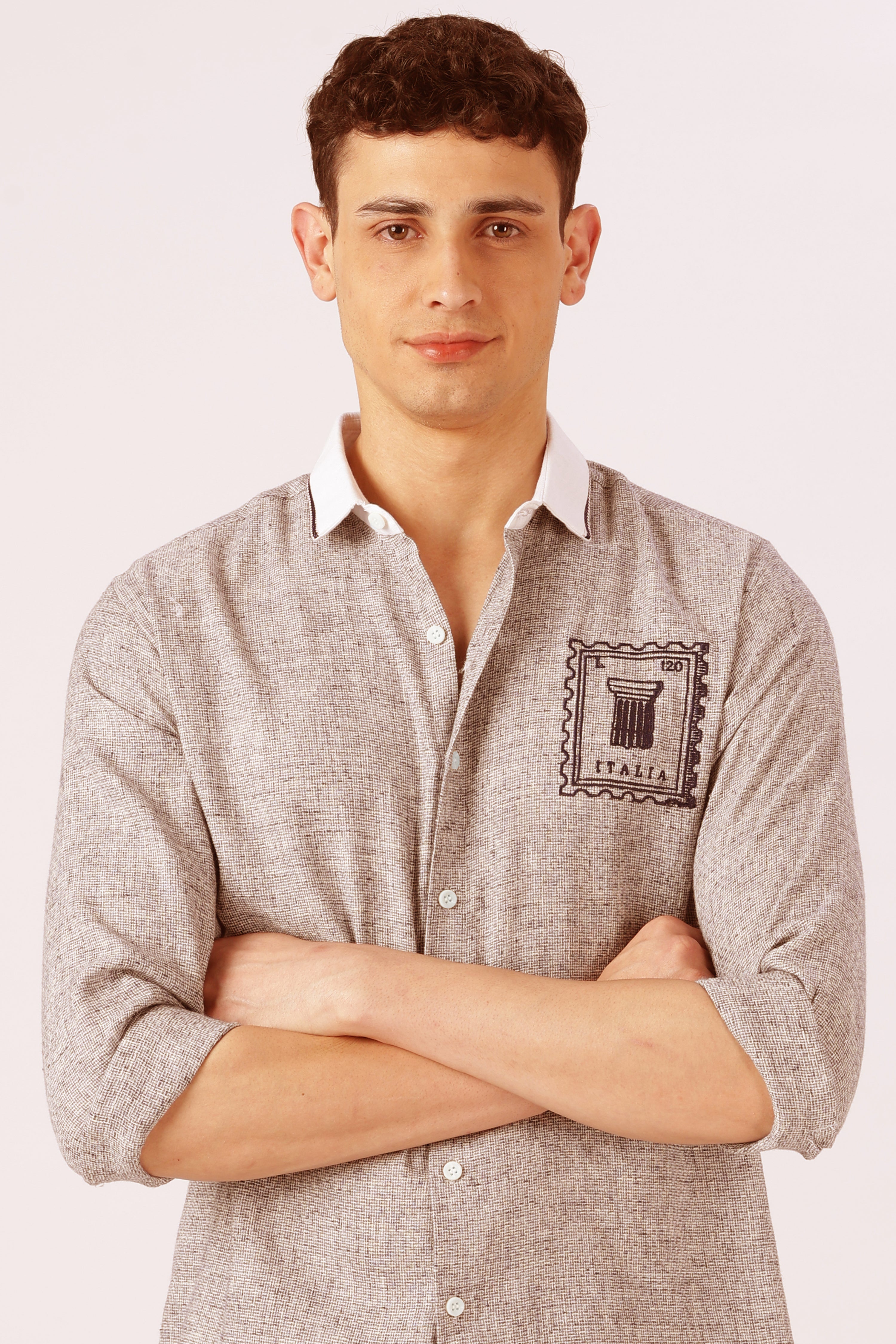 Italia Stamp Cotton Regular Fit Brown Embroidered Shirt