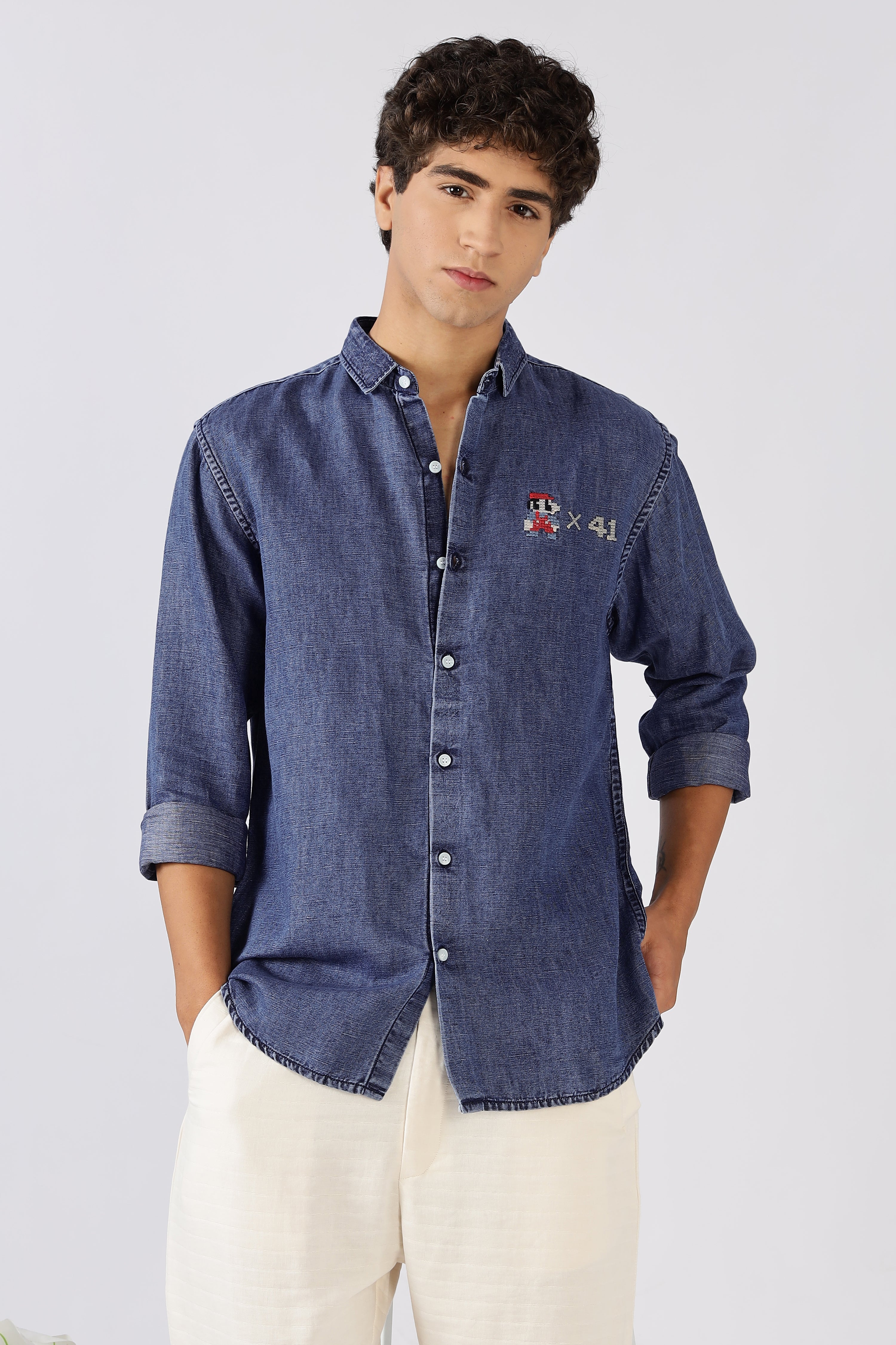 OG Mario Cotton Regular Fit Dark Blue Embroidered Denim Shirt