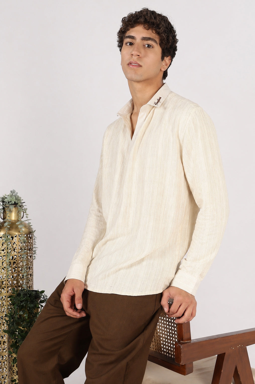Textured Johnny Collar Cotton Regular Fit Beige Striped  Henley Shirt