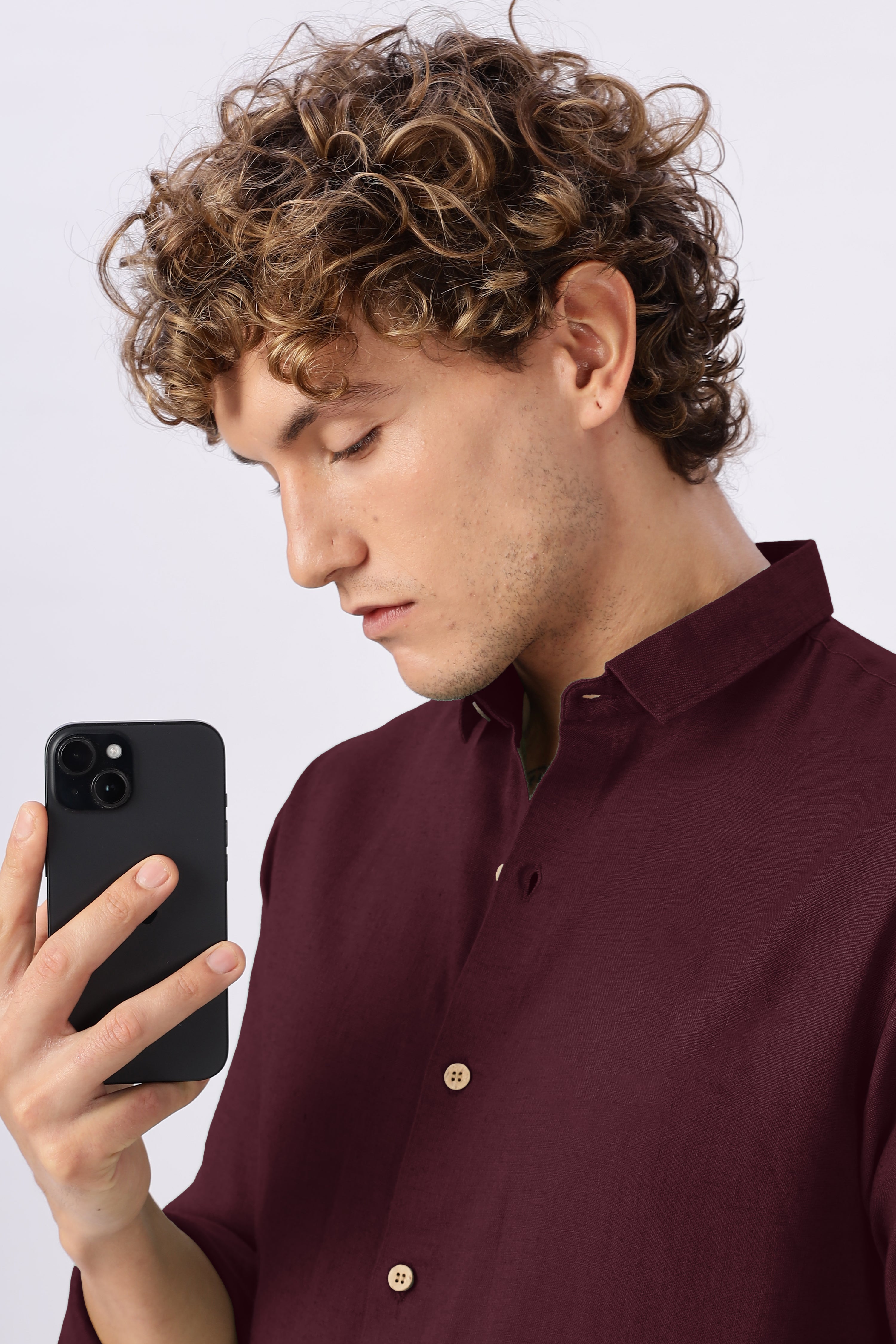 Classic Burgundy Linen Blend No Logo Regular Fit Maroon Shirt