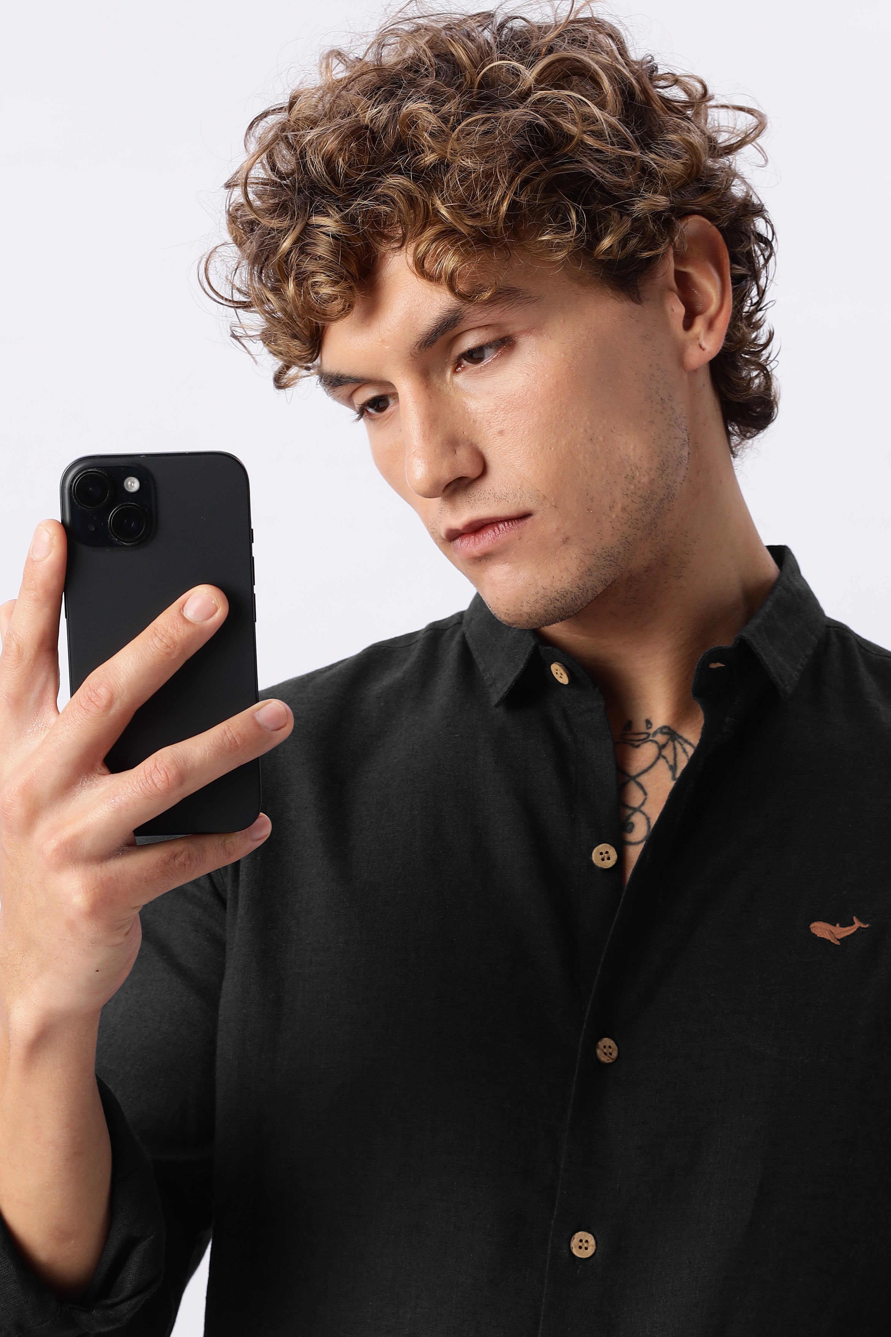 Midnight Black 100% Cotton Mock-Linen Essential Shirt