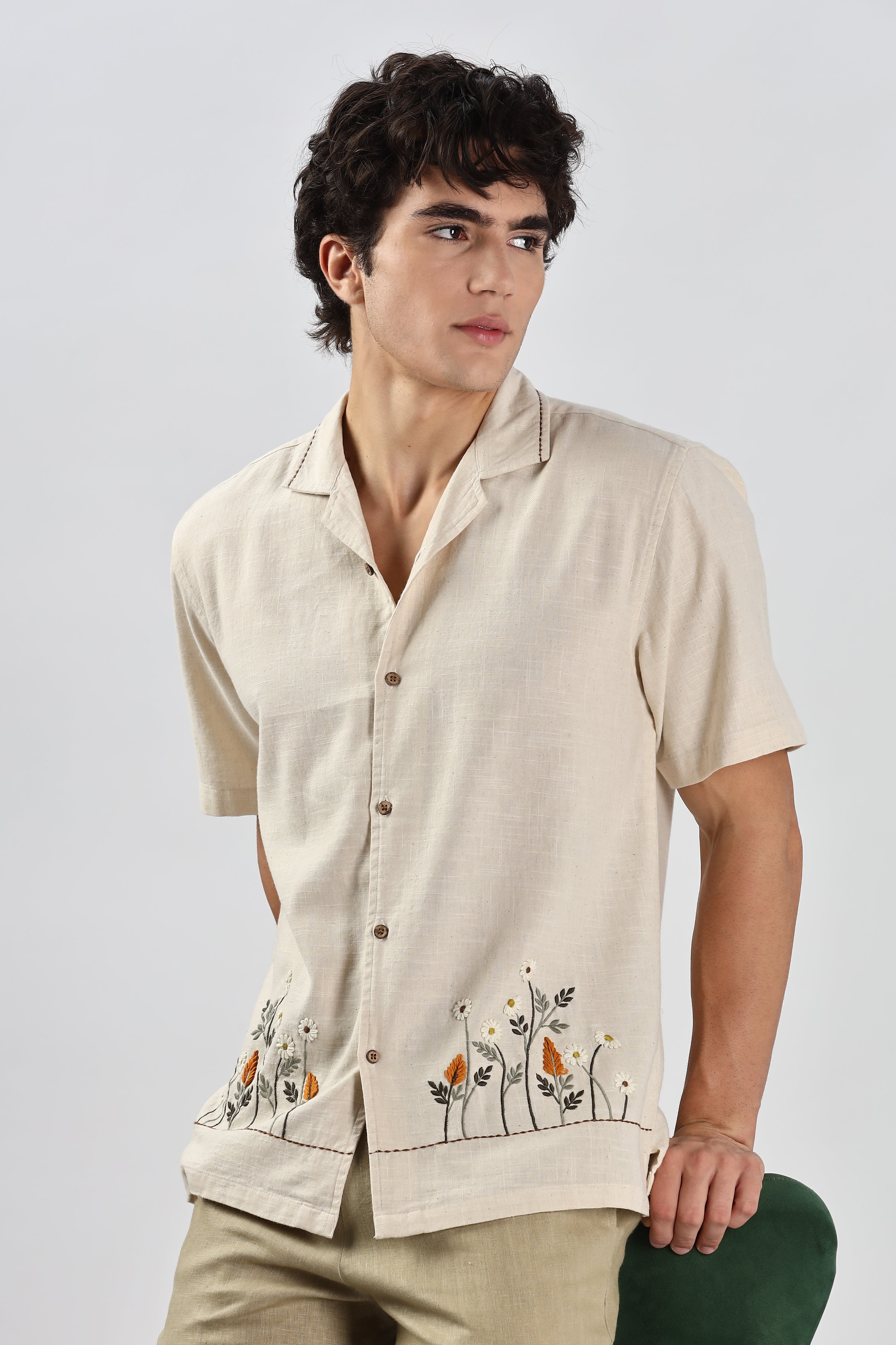 Wildflowers & Whispers 100% Cotton Beige Embroidery Shirt