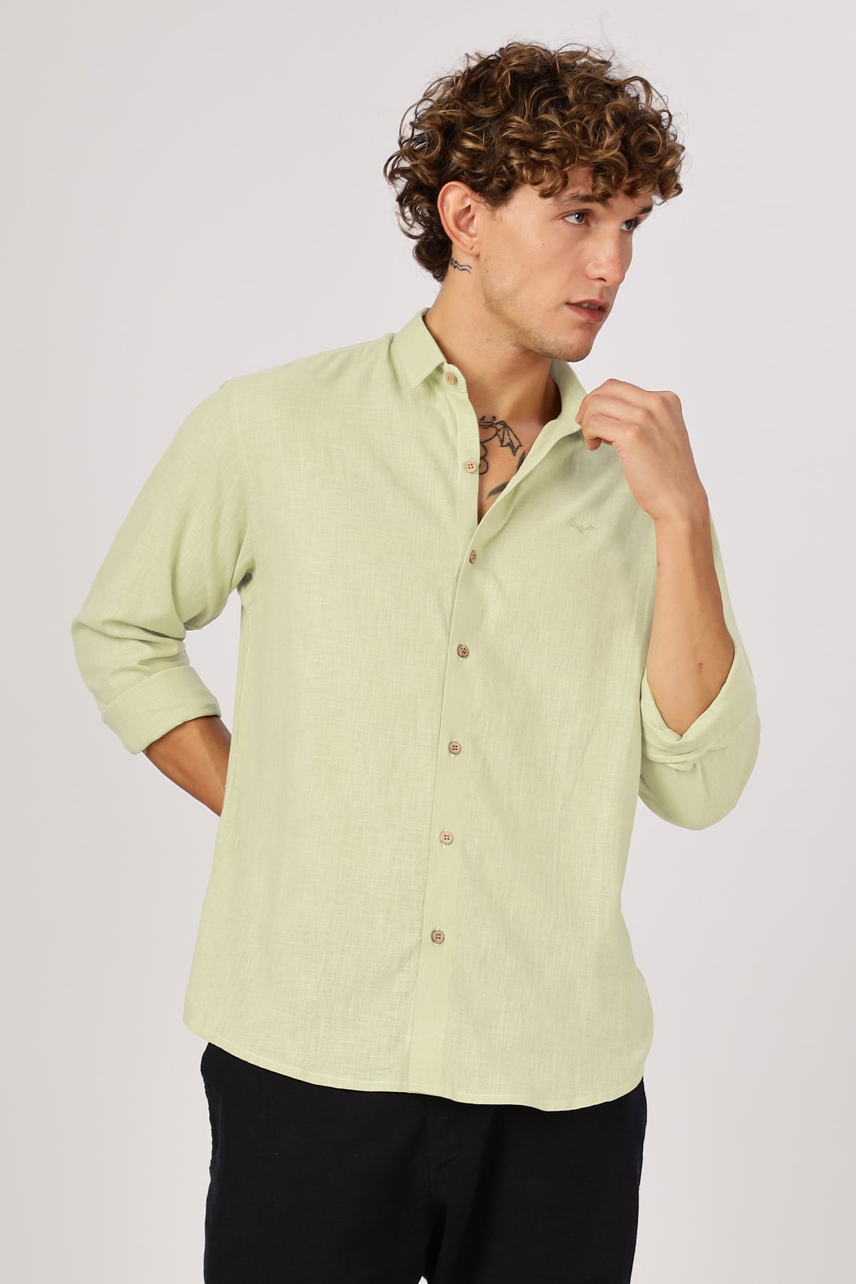 Light Green 100% Cotton Mock-Linen Essential Shirt