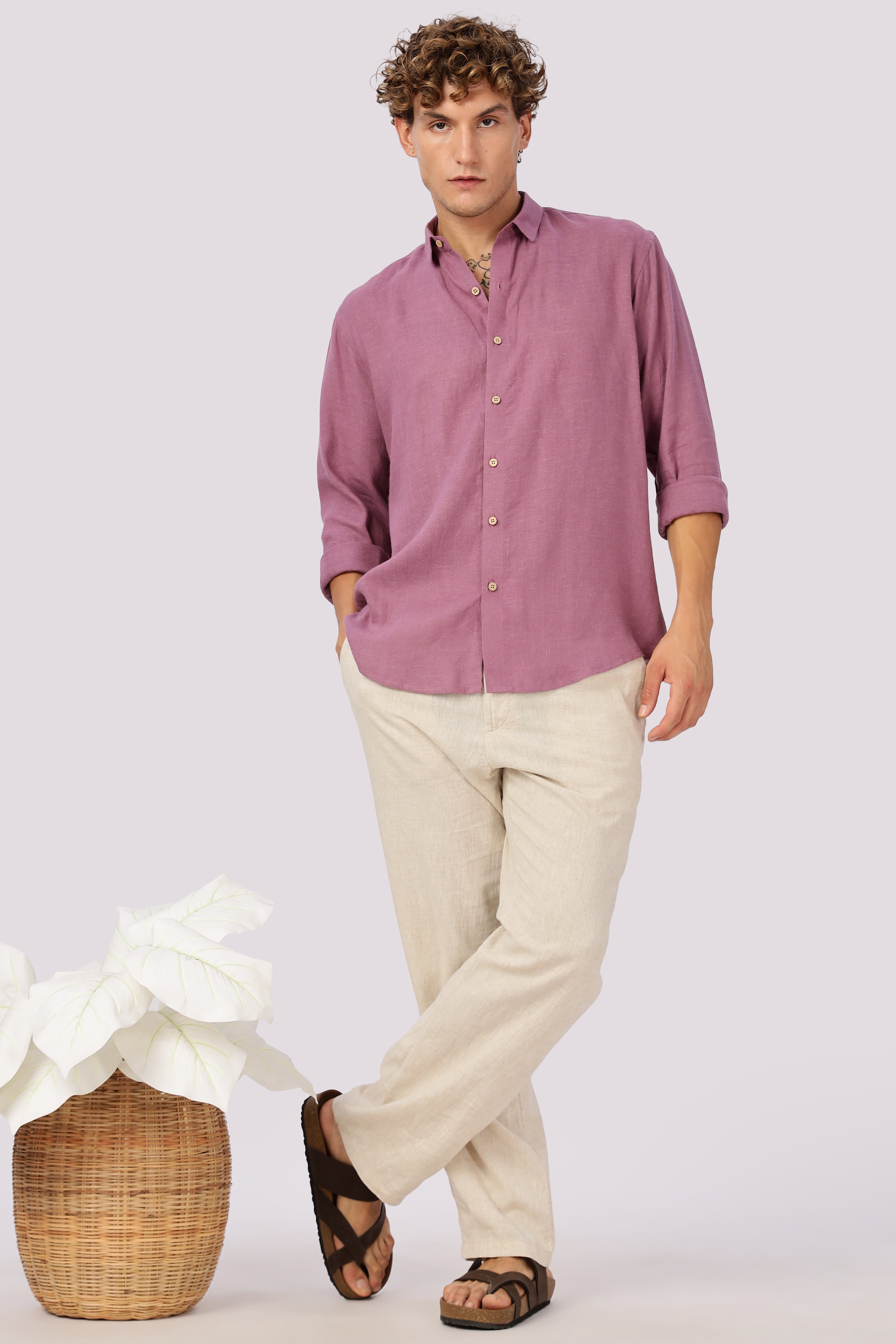 Mauve 100% Linen 44 Lea Shirt