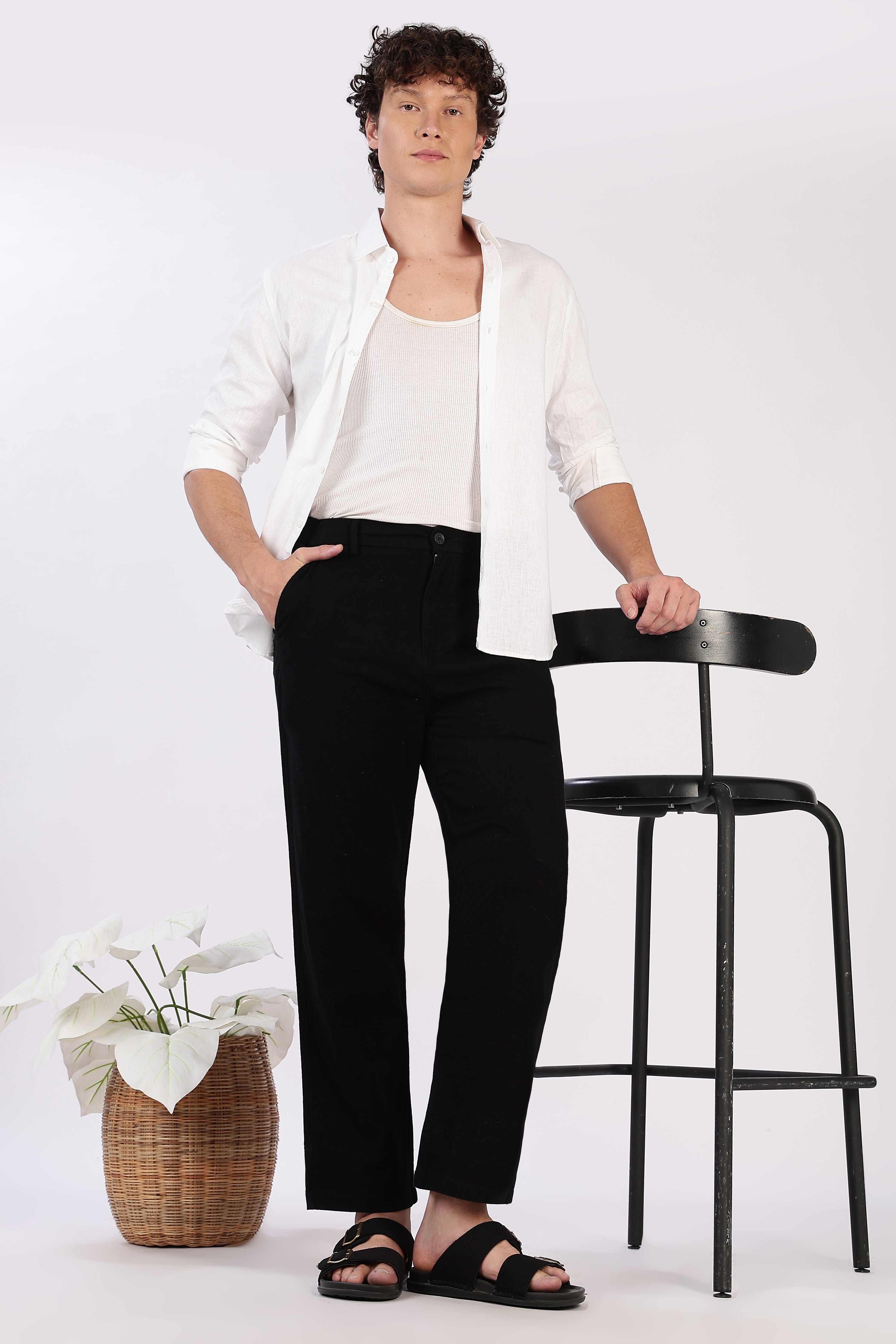Linen-style 100% Cotton Straight Fit Jet Black Pant
