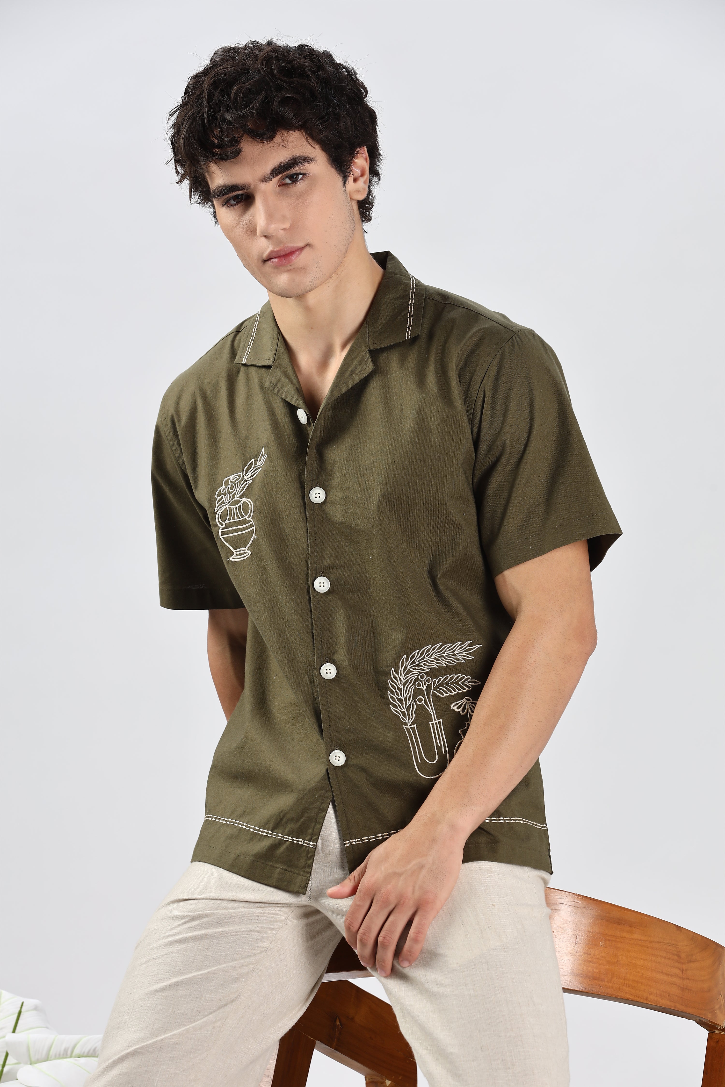 Oslo Olive Pottery Embroidery Shirt