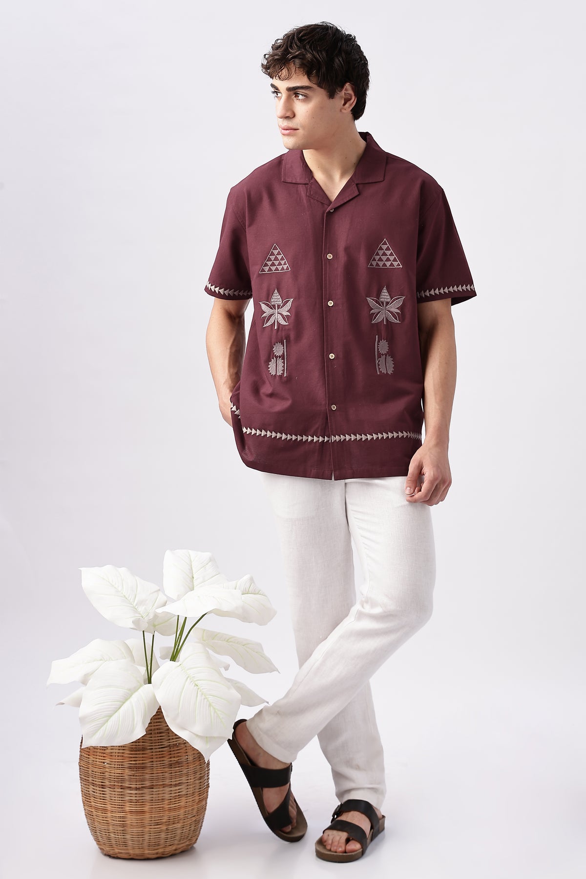Temple Trail Cotton Box Fit Maroon Embroidered Shirt