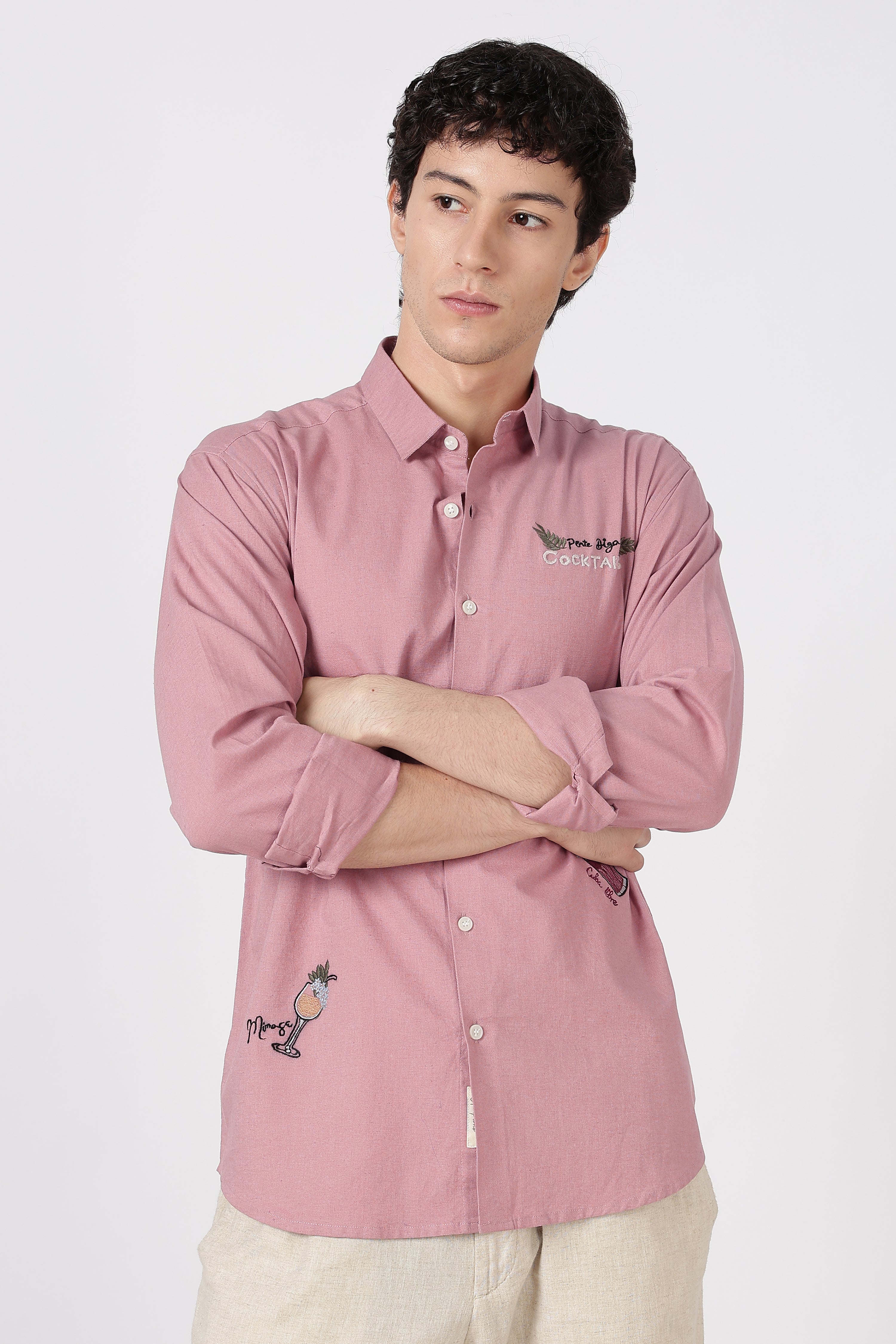 Cocktail-Themed Cotton Regular Fit Dusty Pink Embroidered Shirt