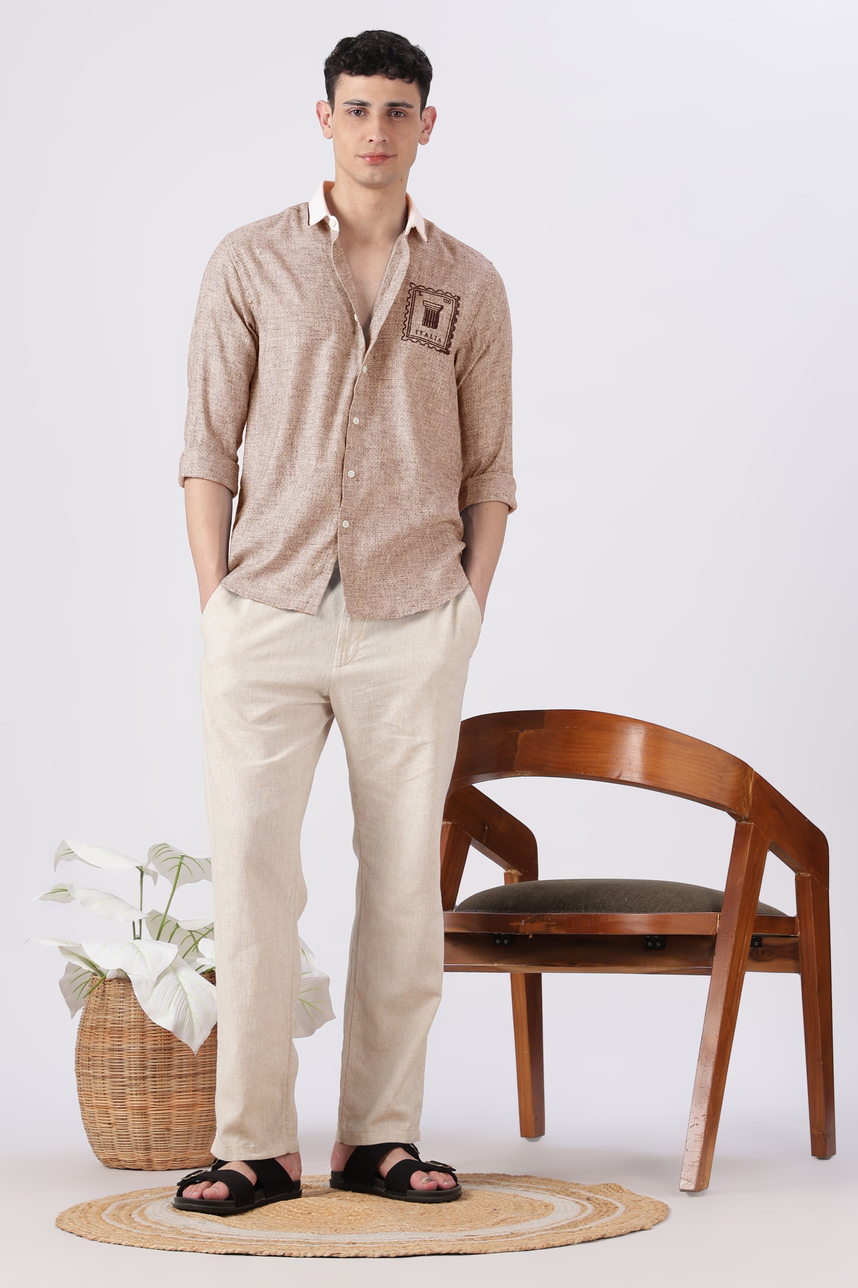 Italia Stamp Cotton Regular Fit Brown Embroidered Shirt