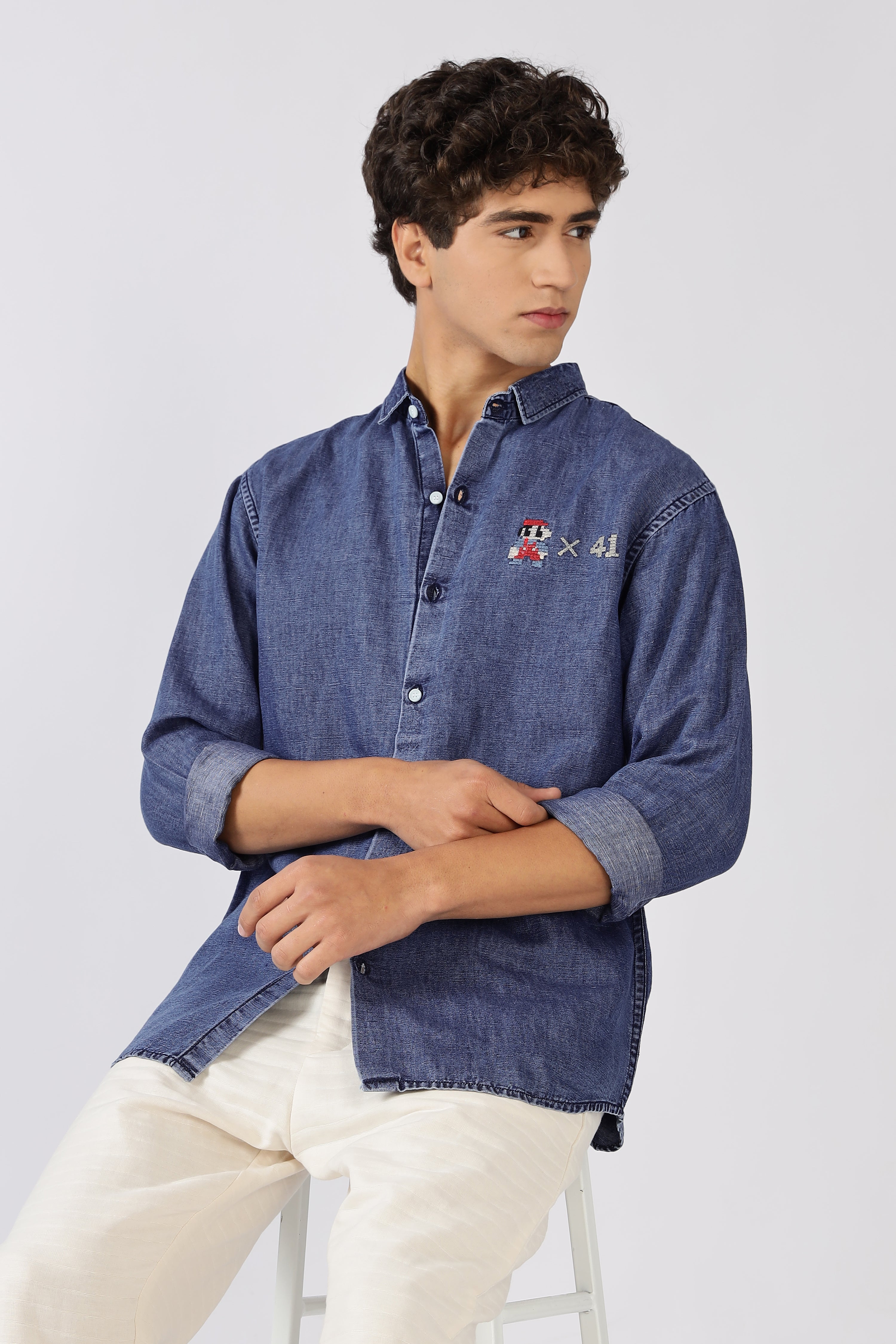 OG Mario Cotton Regular Fit Dark Blue Embroidered Denim Shirt