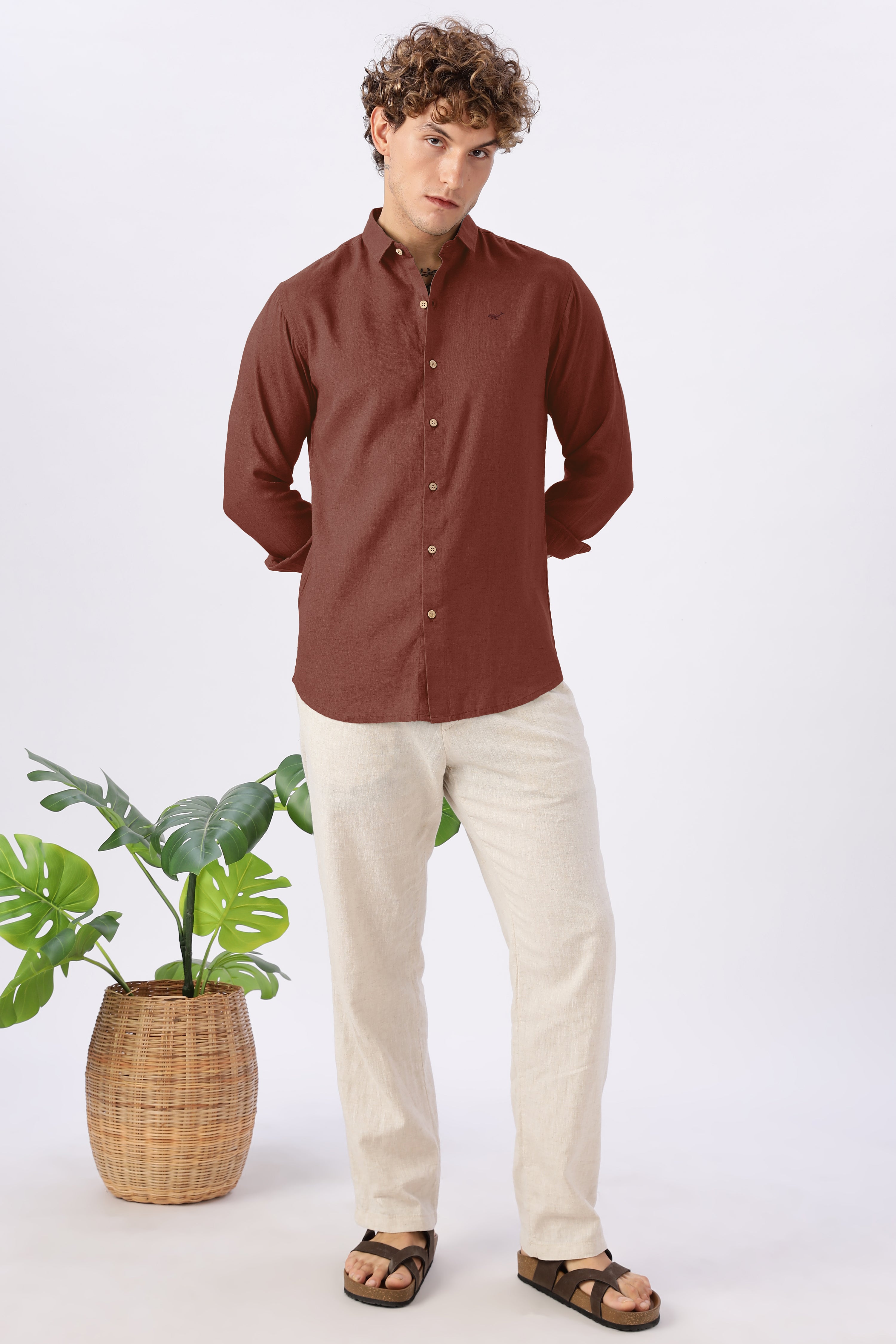 Classic Rust Linen Blend Regular Fit Red Brown Shirt