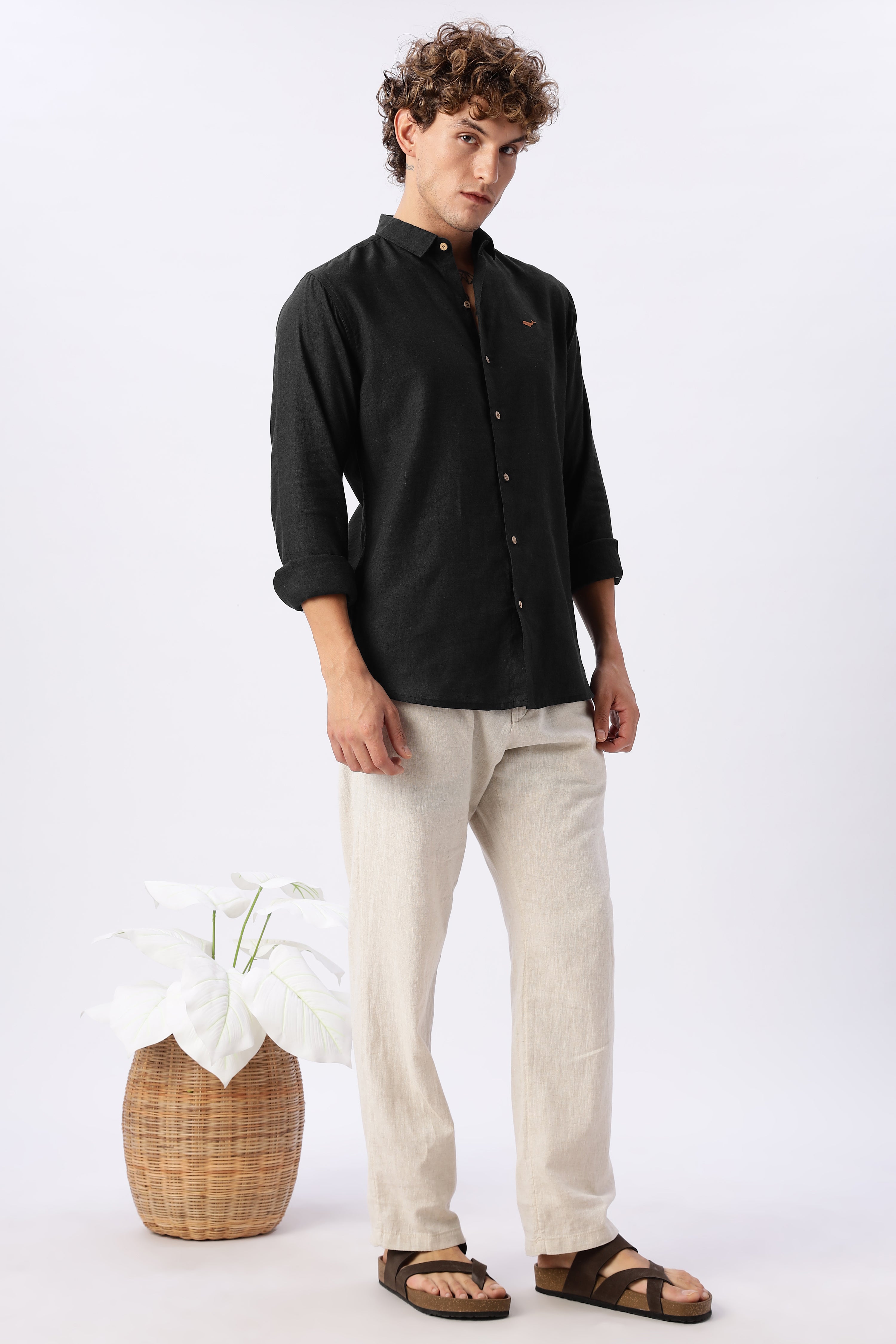 Midnight Black 100% Cotton Mock-Linen Essential Shirt
