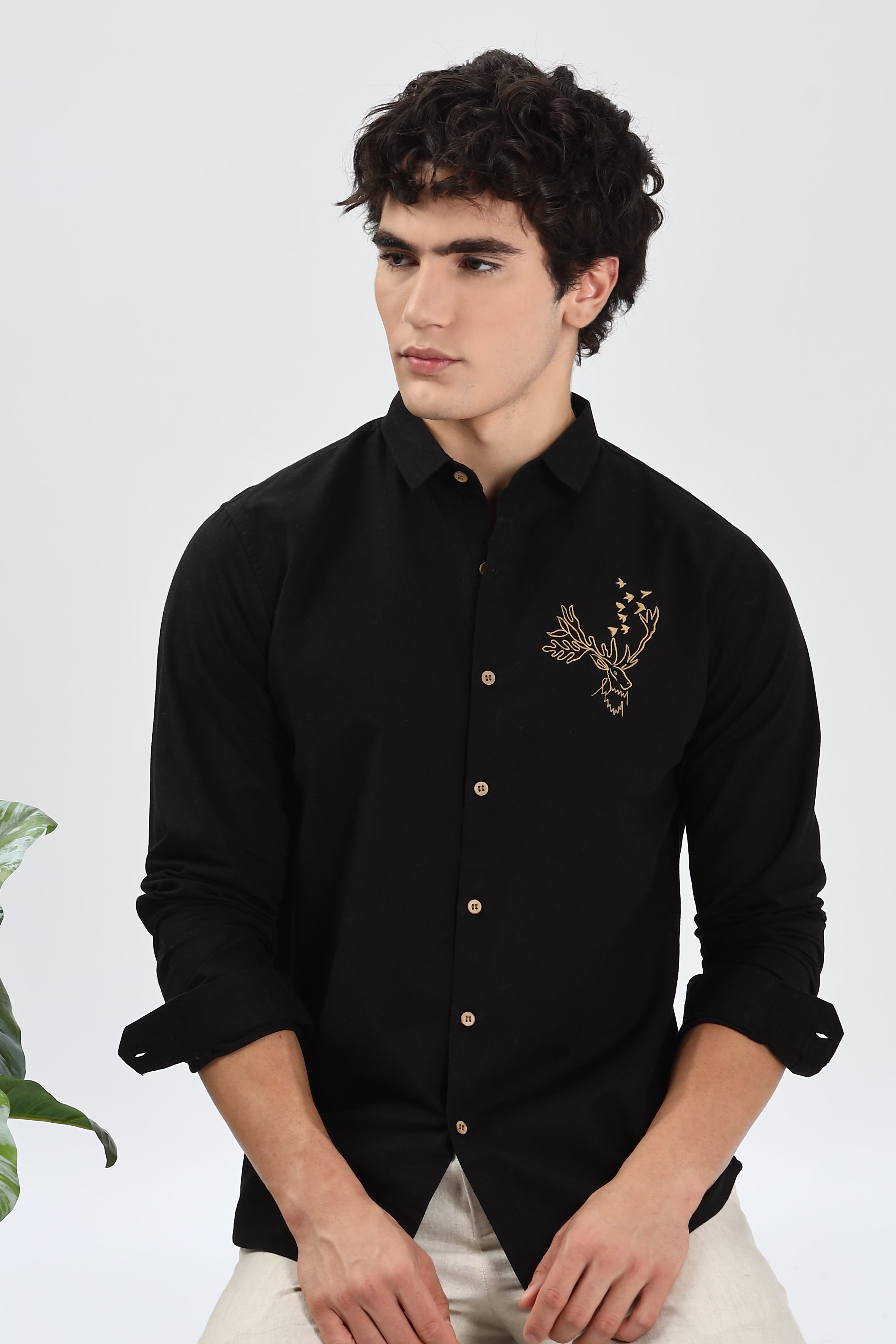 Artic Reindeer Black Embroidery Shirt