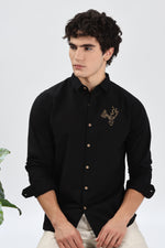 Arctic Reindeer Cotton Regular Fit Black Embroidery Shirt