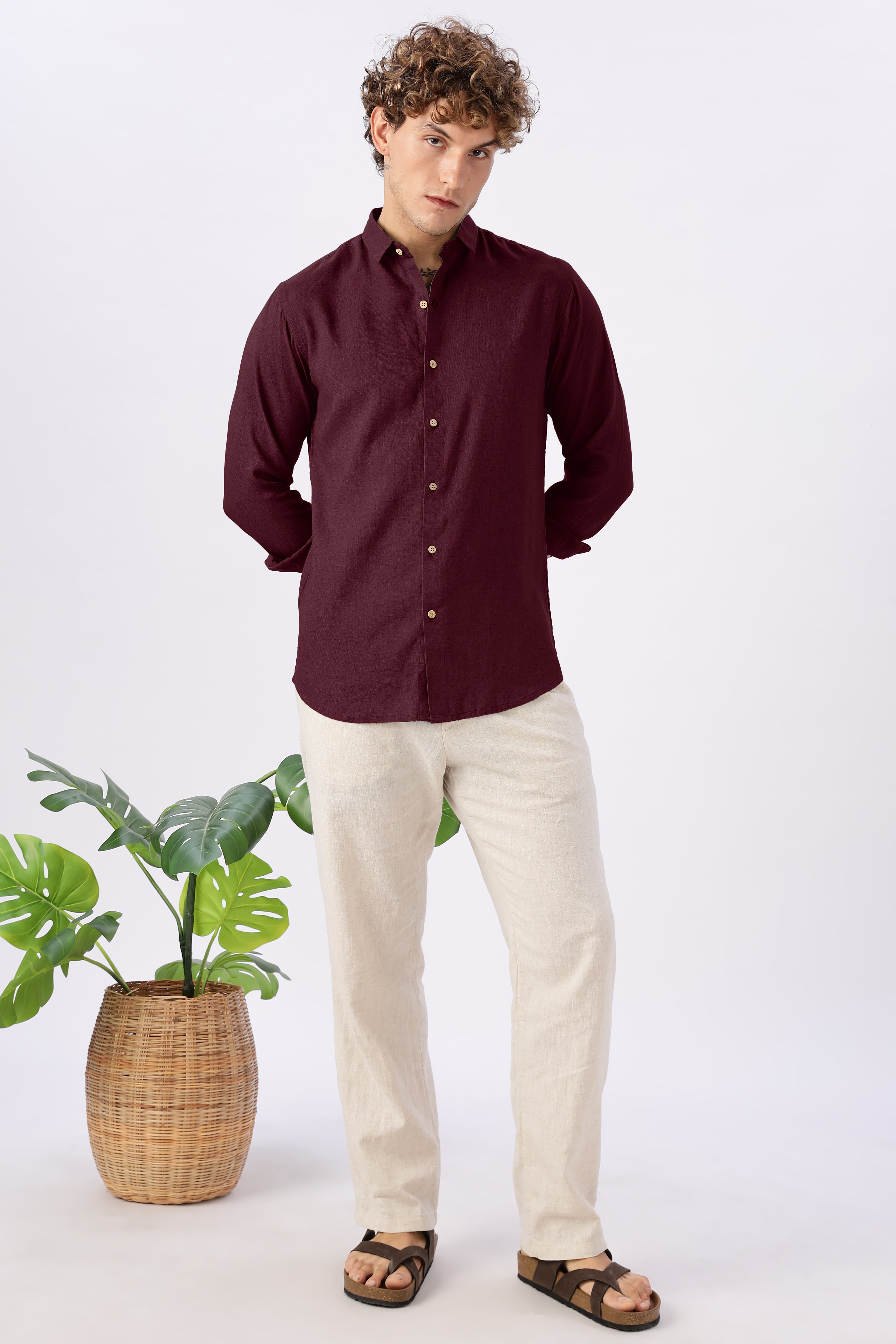 Classic Burgundy Linen Blend No Logo Regular Fit Maroon Shirt